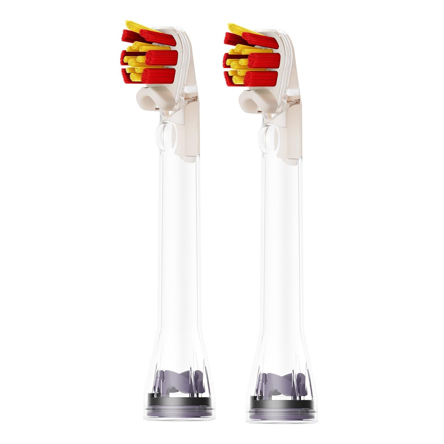 Pair of Dyson CameraJet dual-bristle brush heads with red and yellow bristles