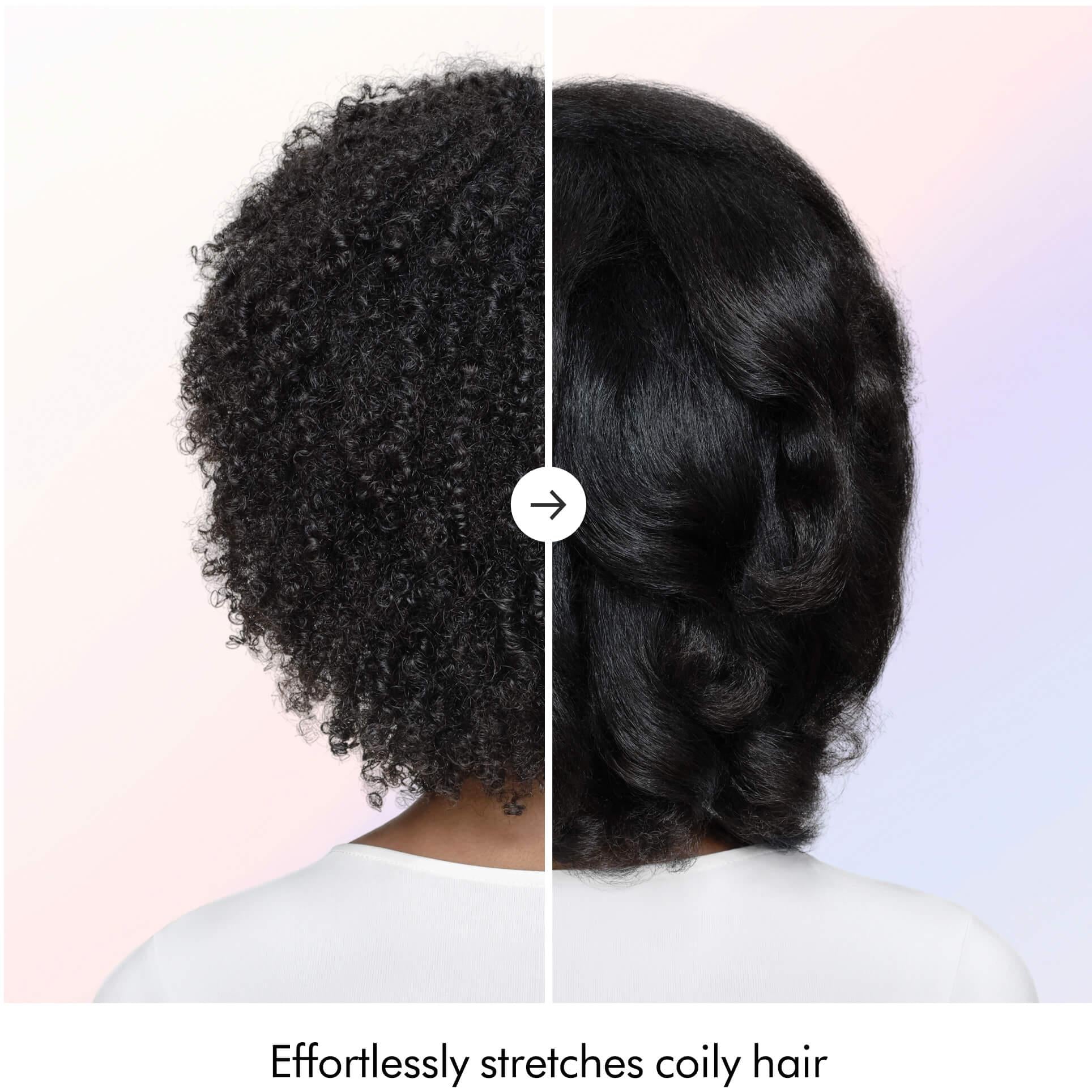Back view of hair with curly texture on left and smoothed hair on right