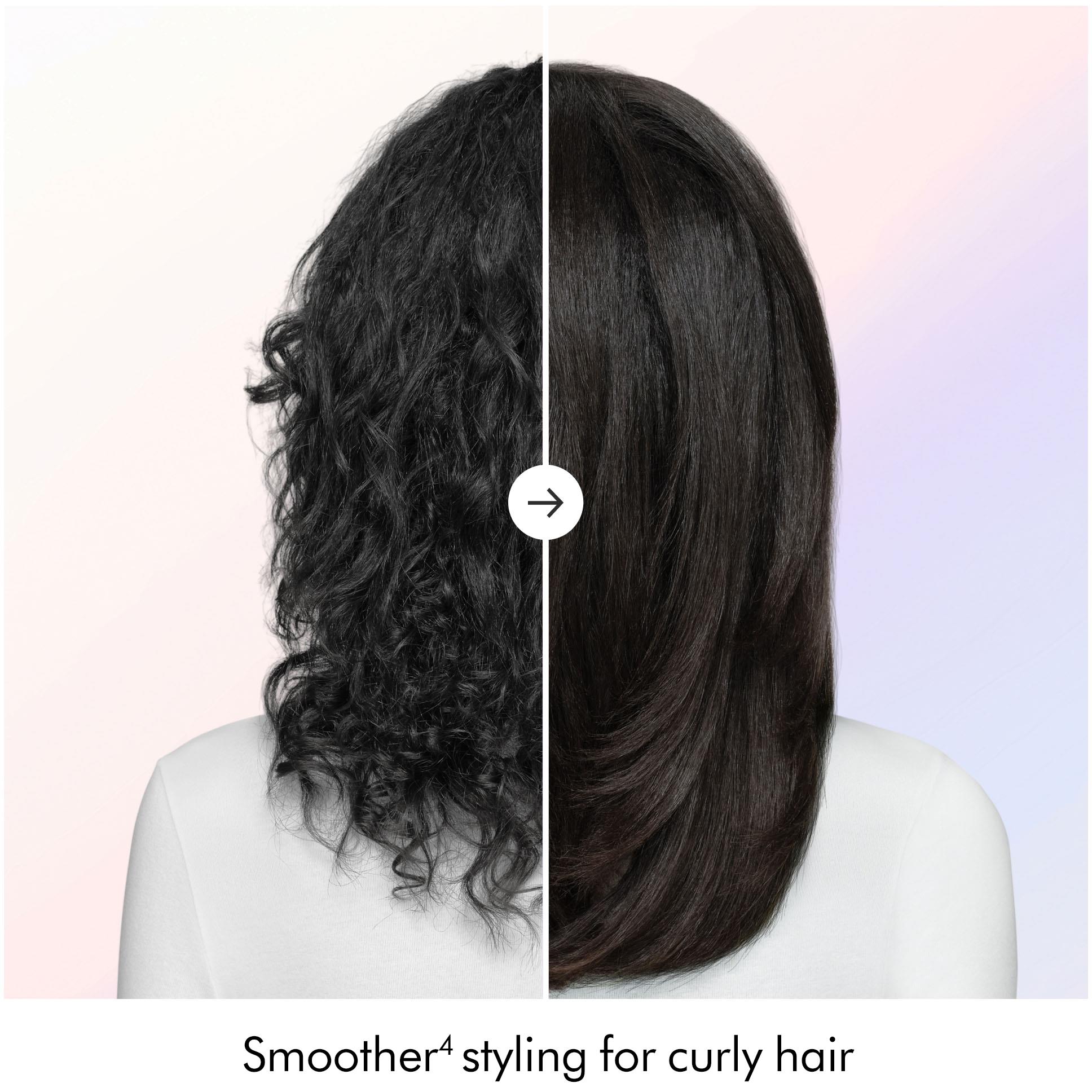 Back view of curly hair on left and straighter, smoothed hair on right