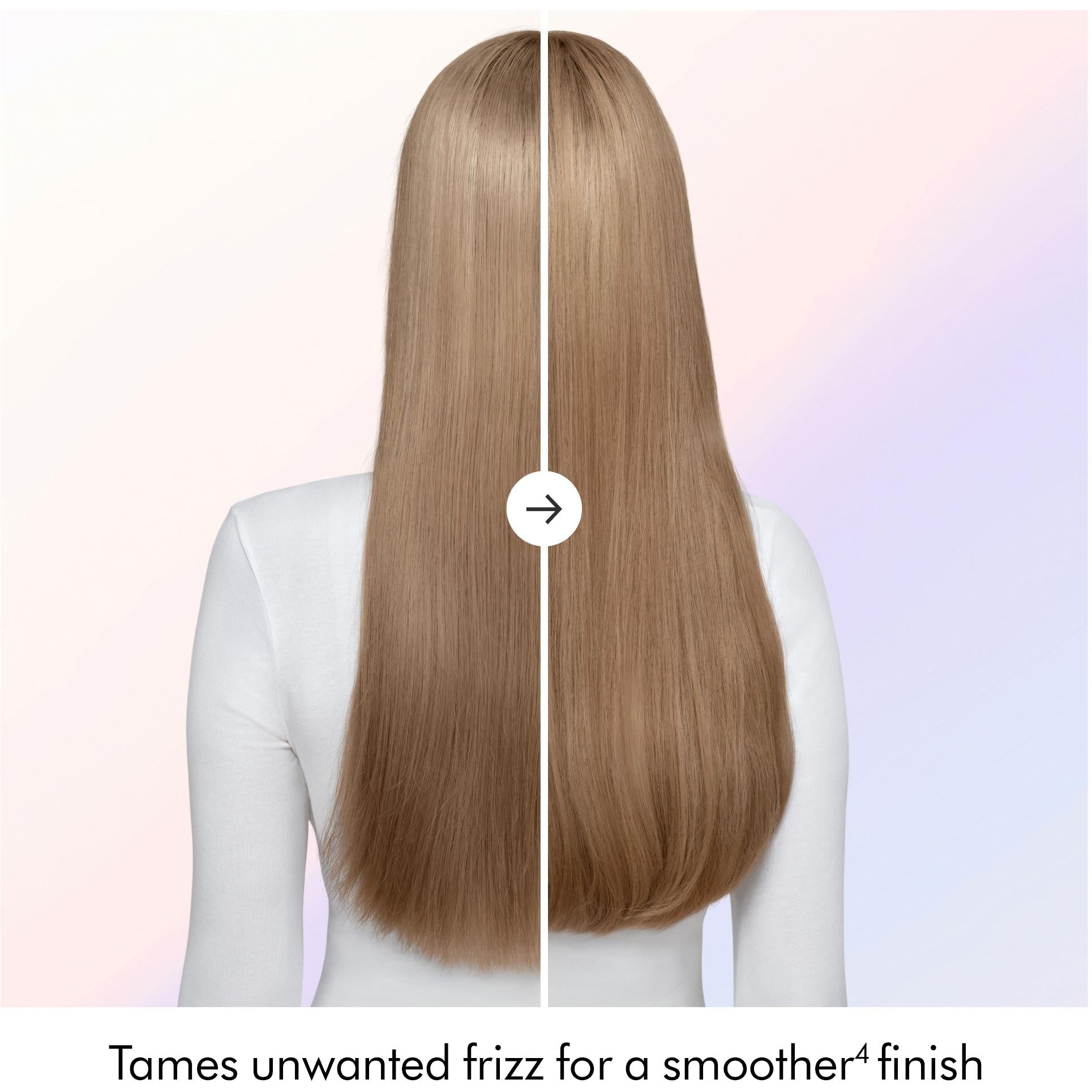 Back view of hair showing less frizz on right after styling