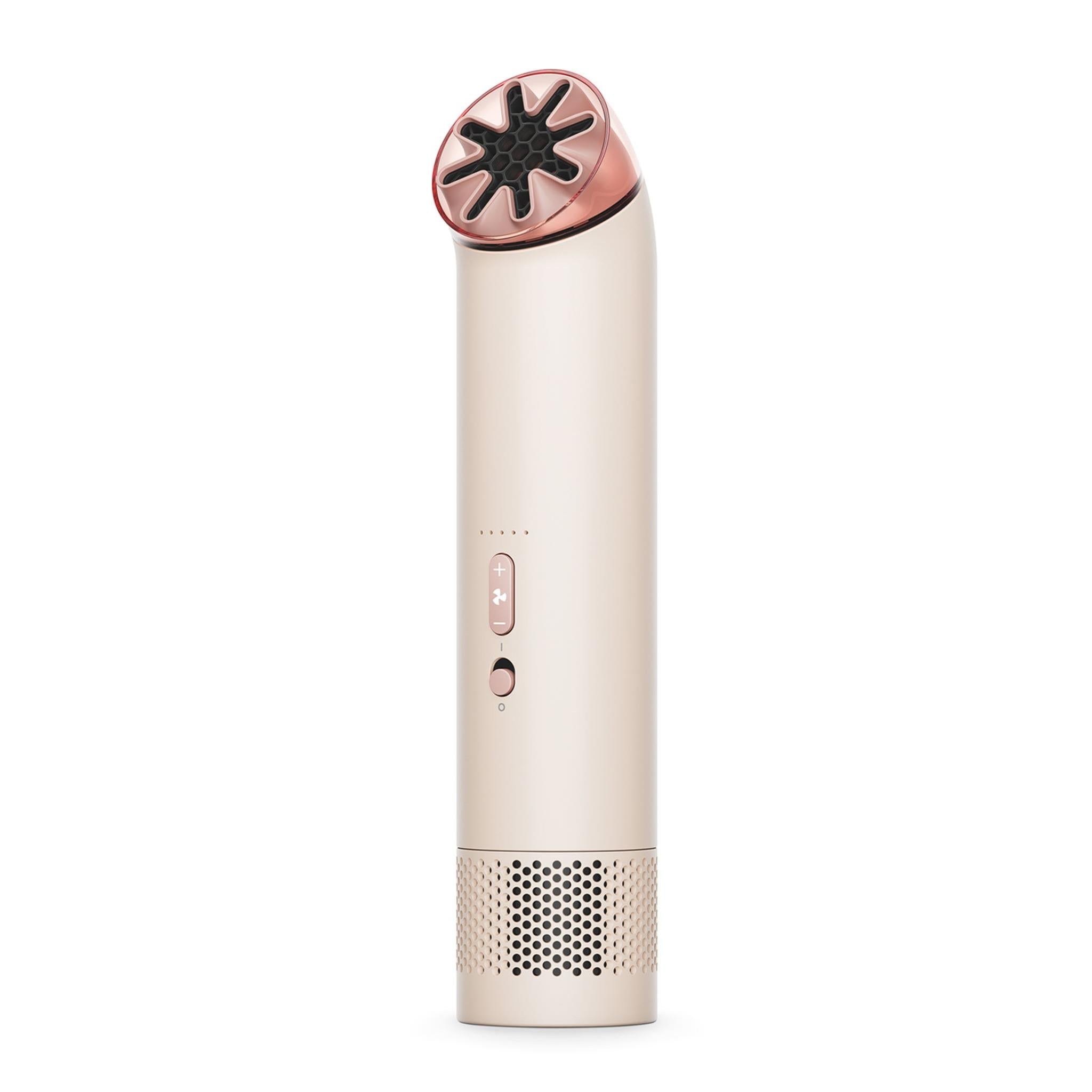Handheld mini cool fan in stone with blush gold top and front vent grille