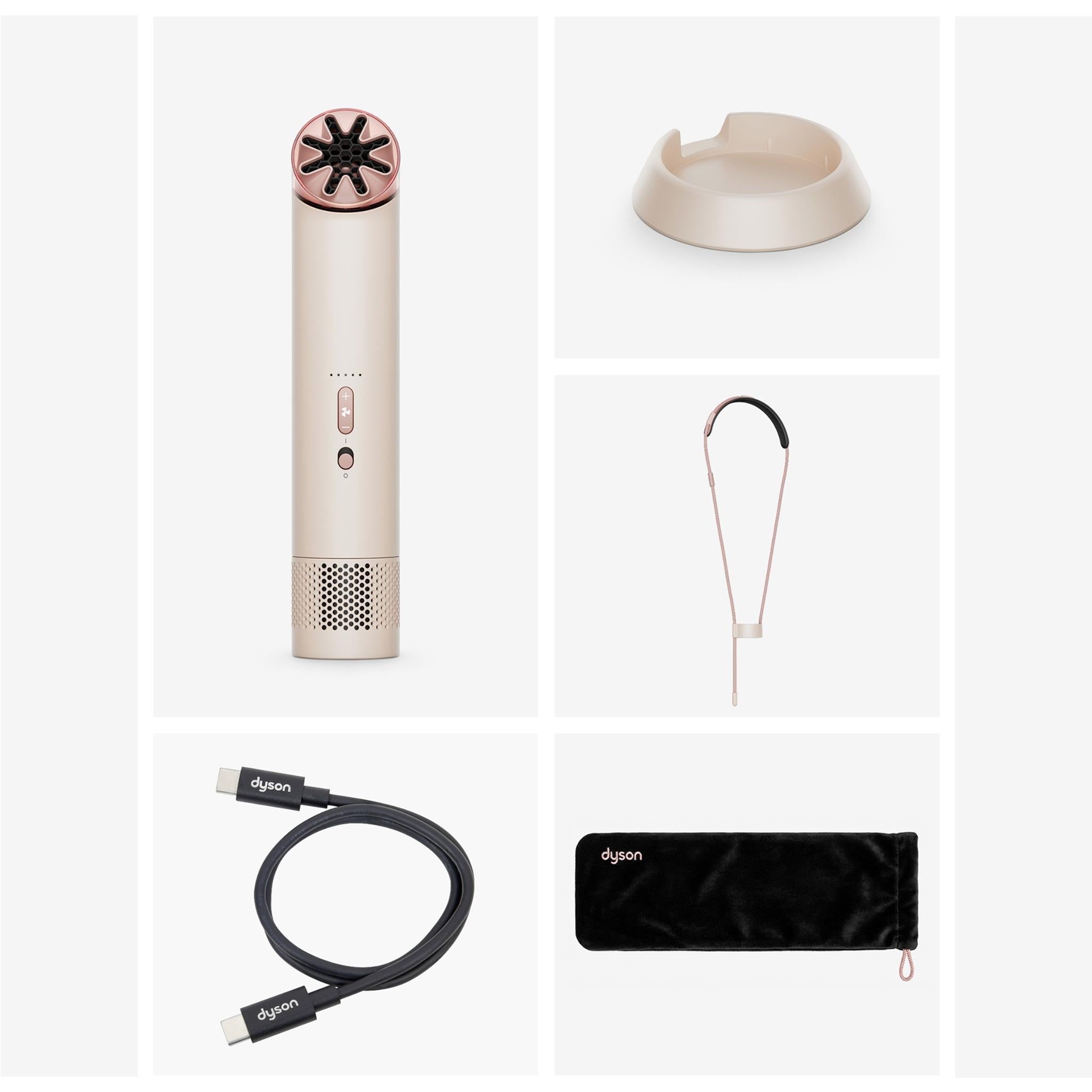 Handheld fan and included accessories: stand, charging cable, and storage pouch