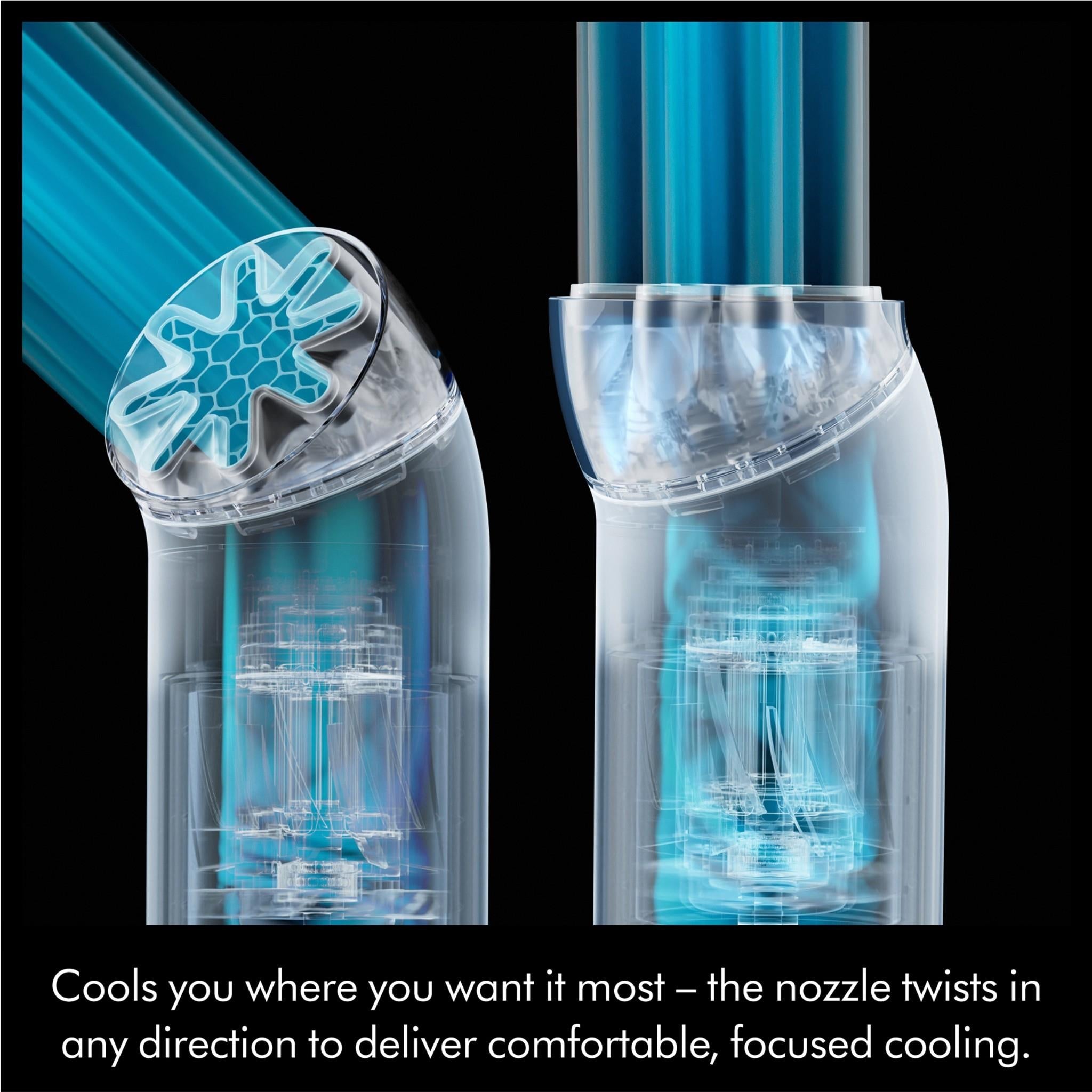 Handheld fan with cutaway airflow diagram through the circular top nozzle
