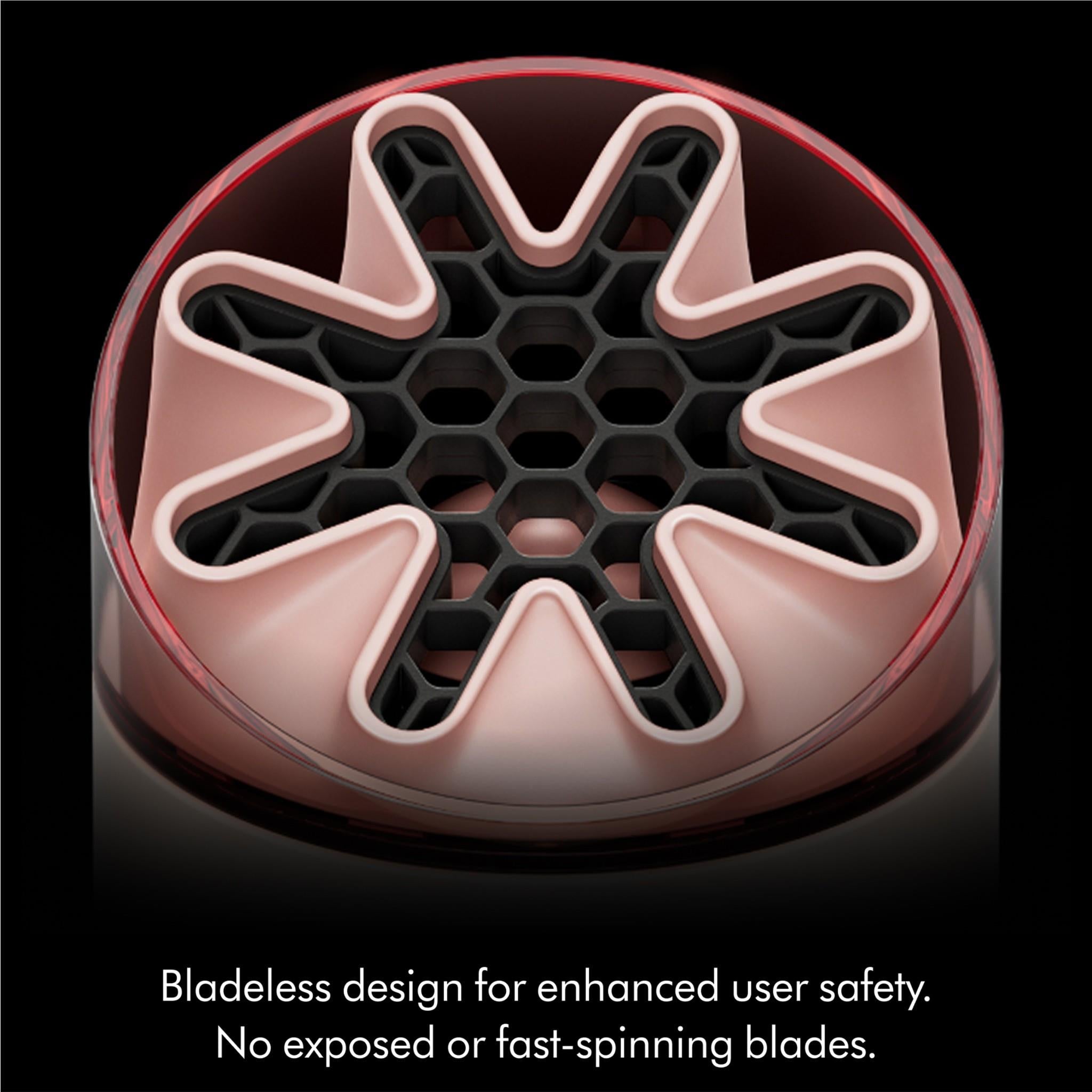 Circular top grille with blush gold accents and black core on handheld fan