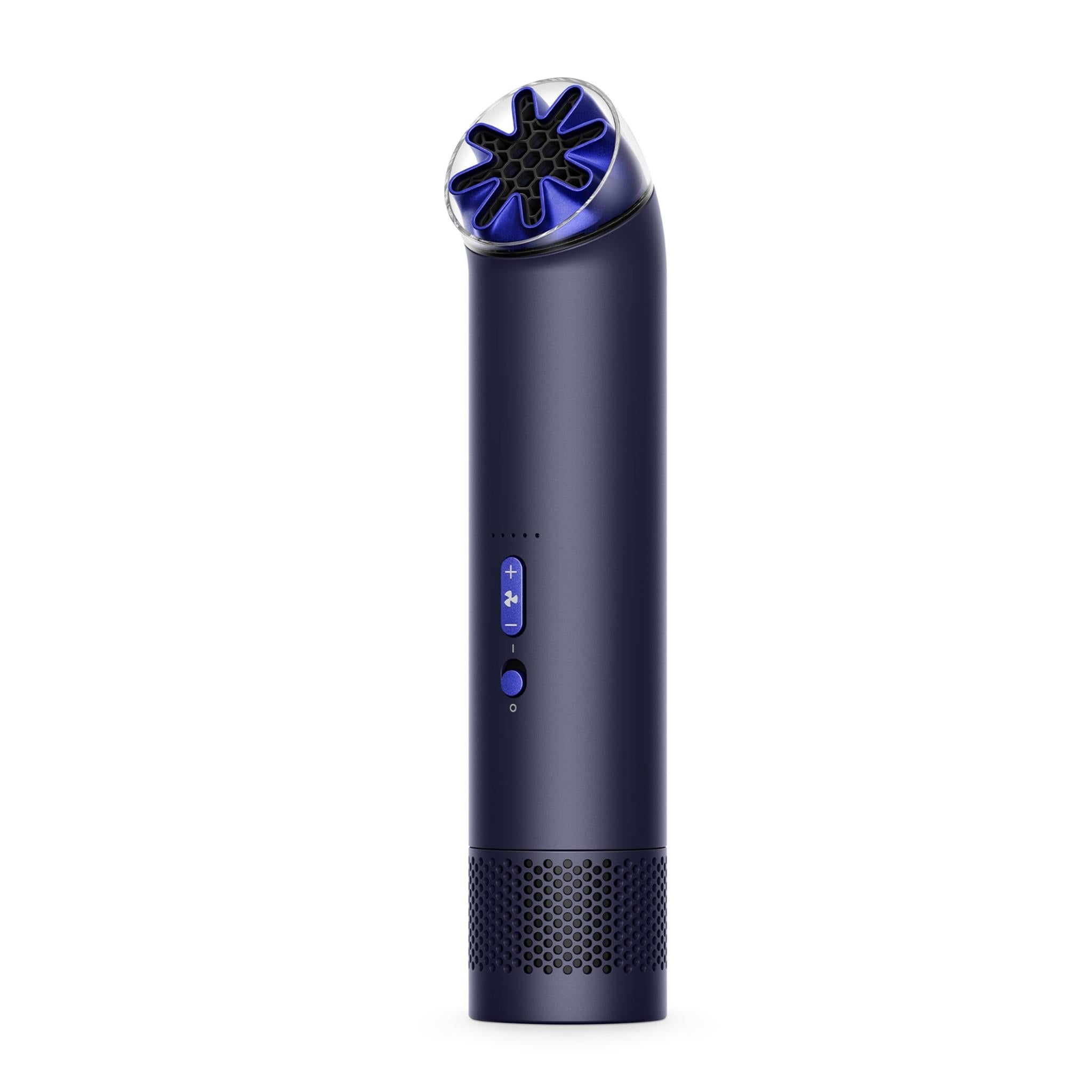 Handheld mini fan in ink navy with cobalt blue top and control buttons