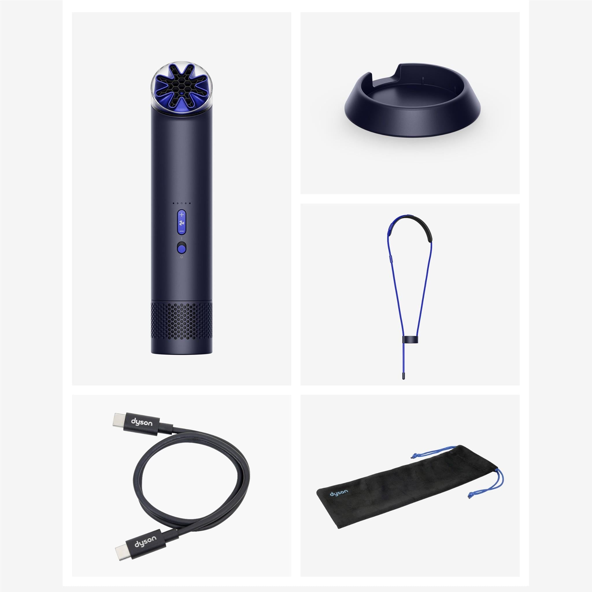Handheld mini fan set with charging base, lanyard strap, and carry pouch