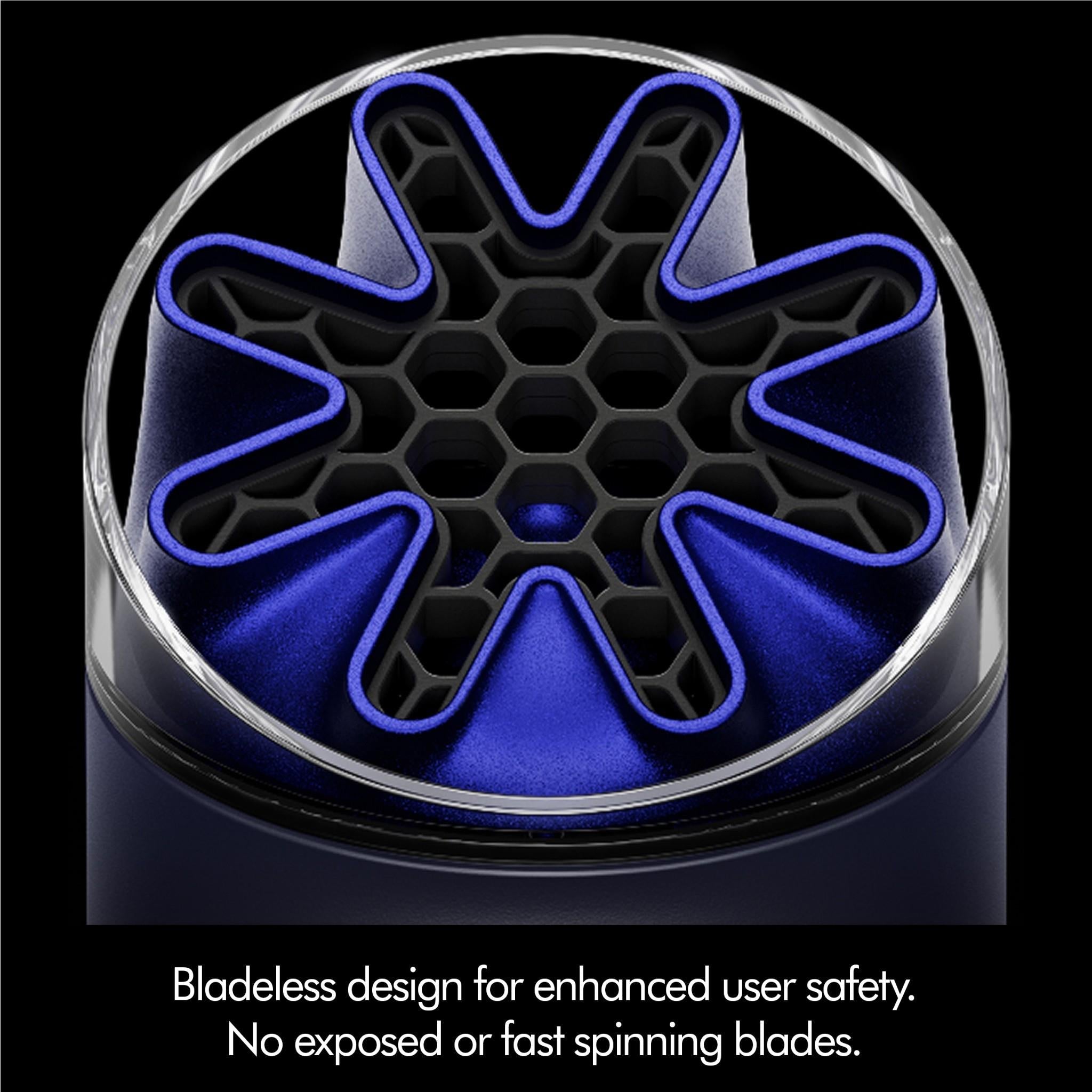 Bladeless fan nozzle grille with cobalt blue accents on ink navy housing