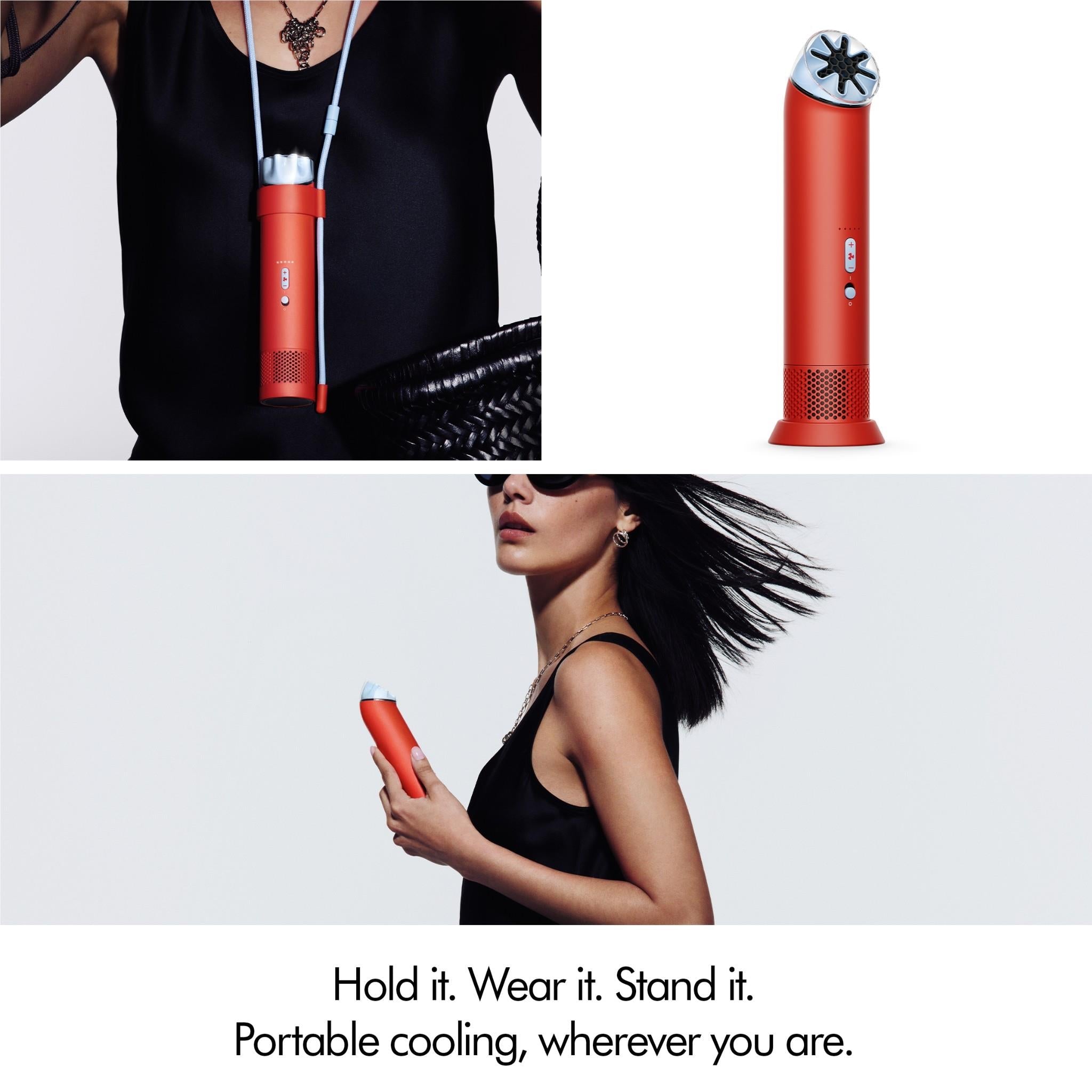 Portable Dyson mini cool fan, carnelian red handle with air vent grille
