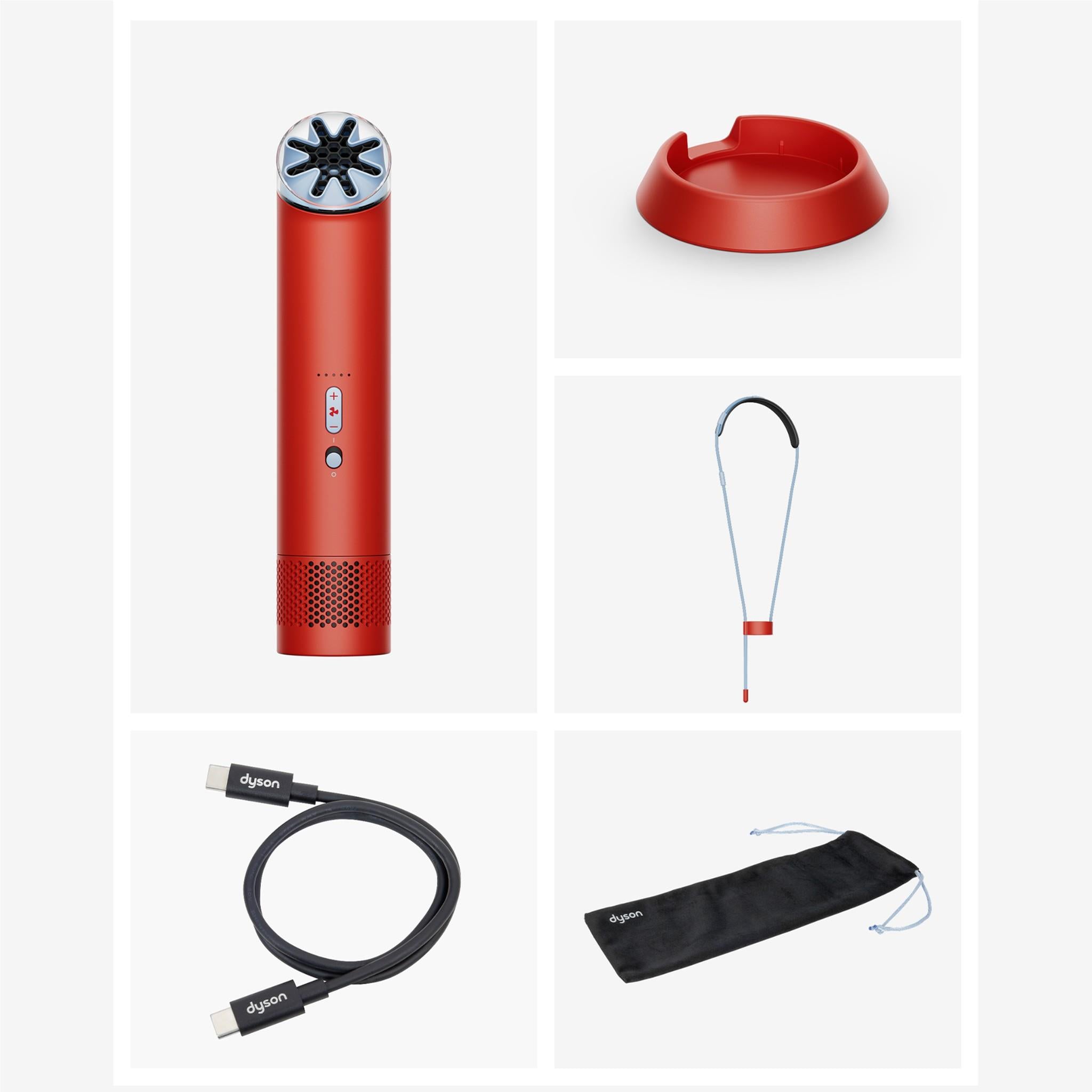 Dyson mini cool fan accessories: red docking base, lanyard cord, cable