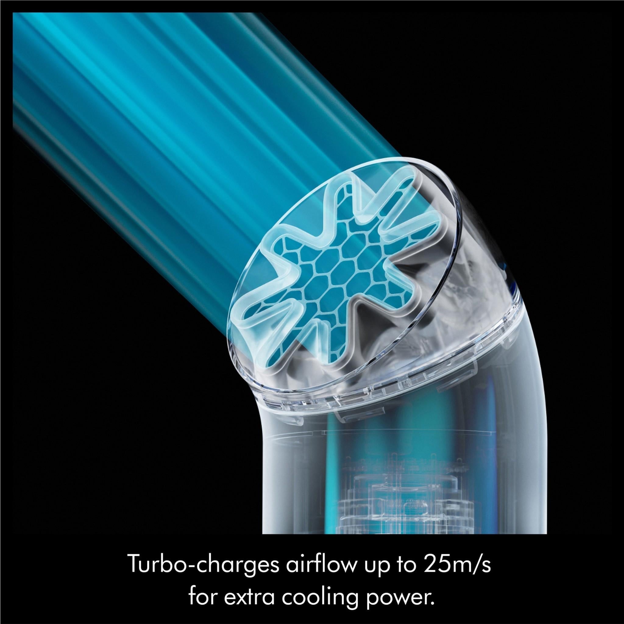 Close-up of Dyson mini cool fan nozzle with blue airflow path illustration