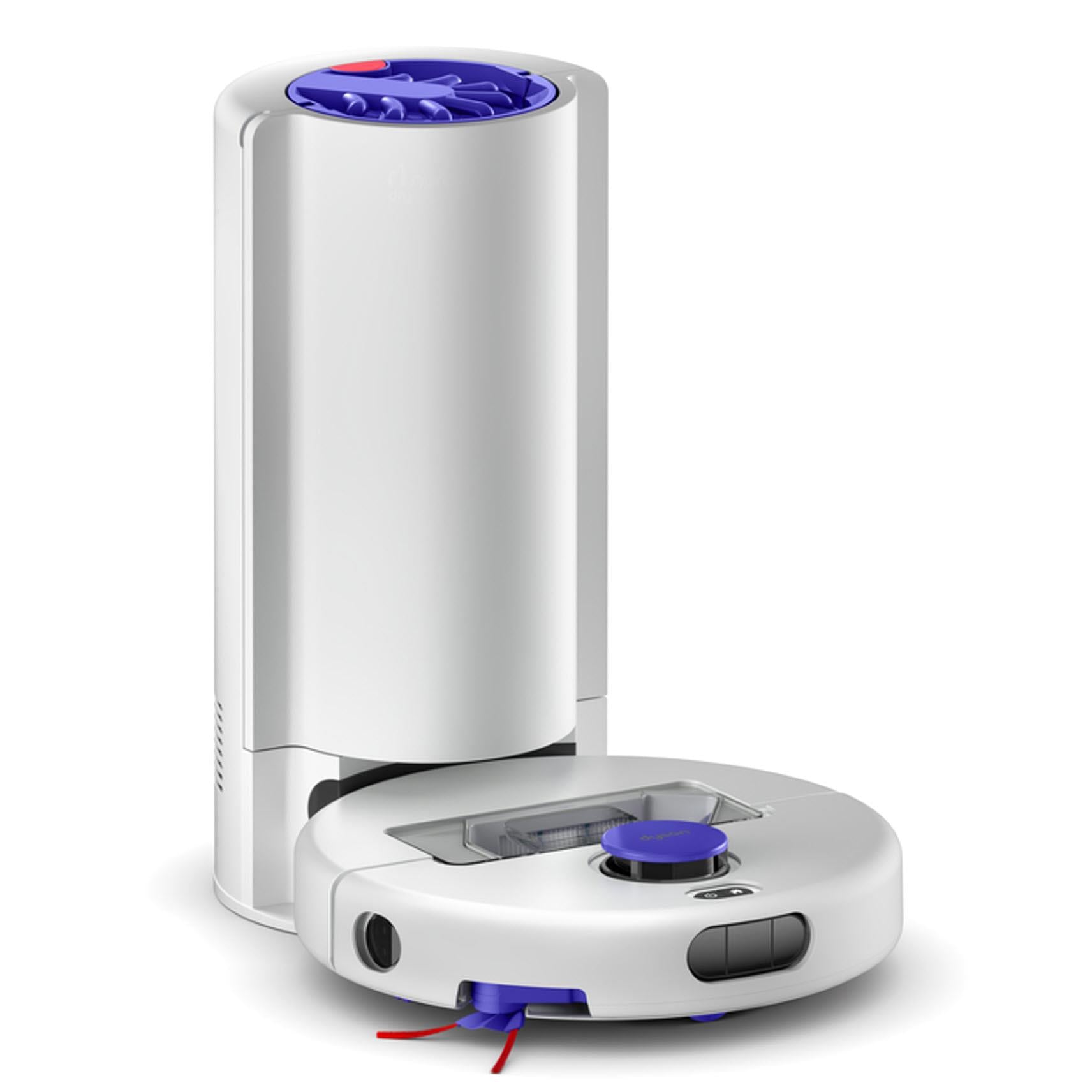 Self-emptying robot vacuum dock with upright white canister and purple top