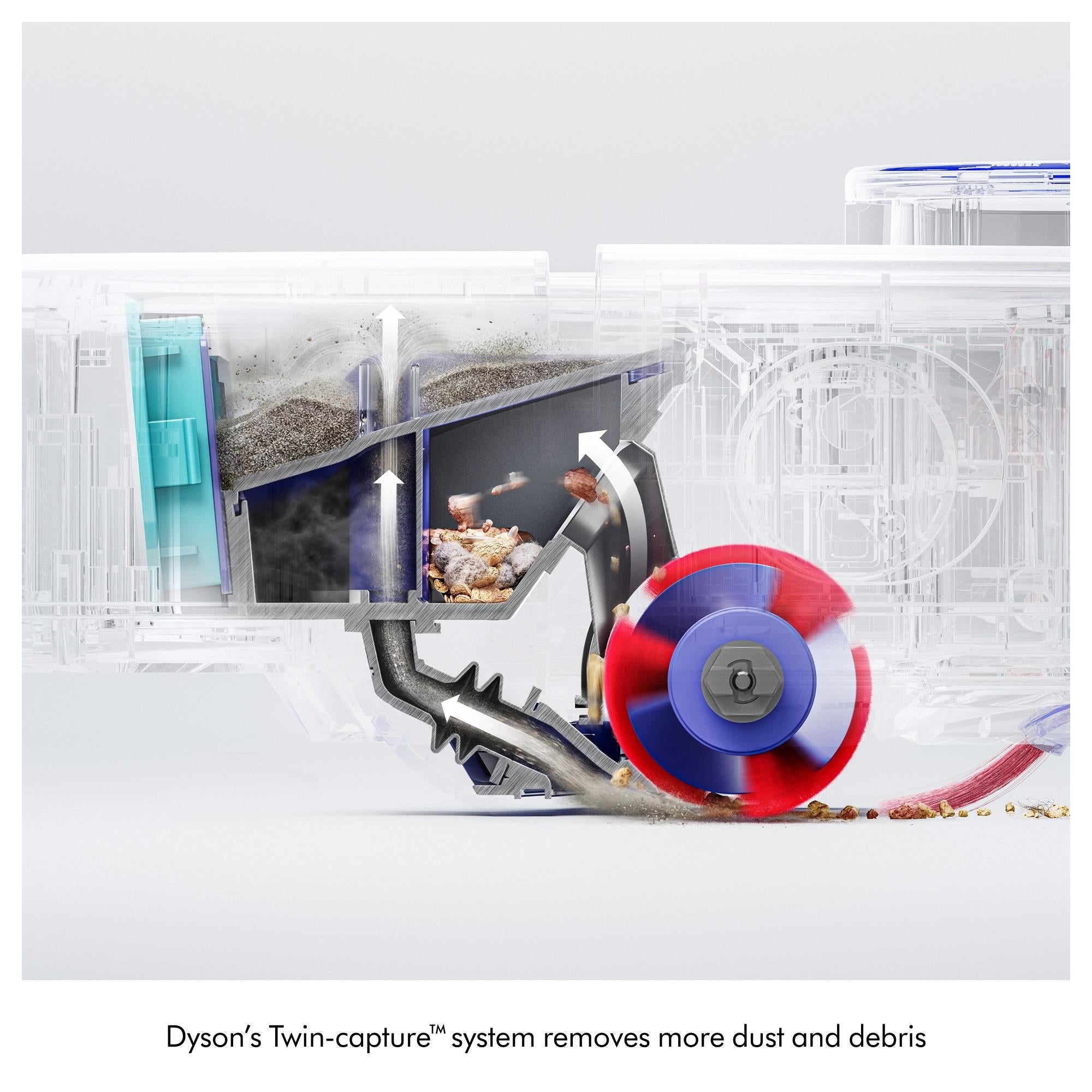Robot vacuum with transparent internal airflow illustration and circular brush