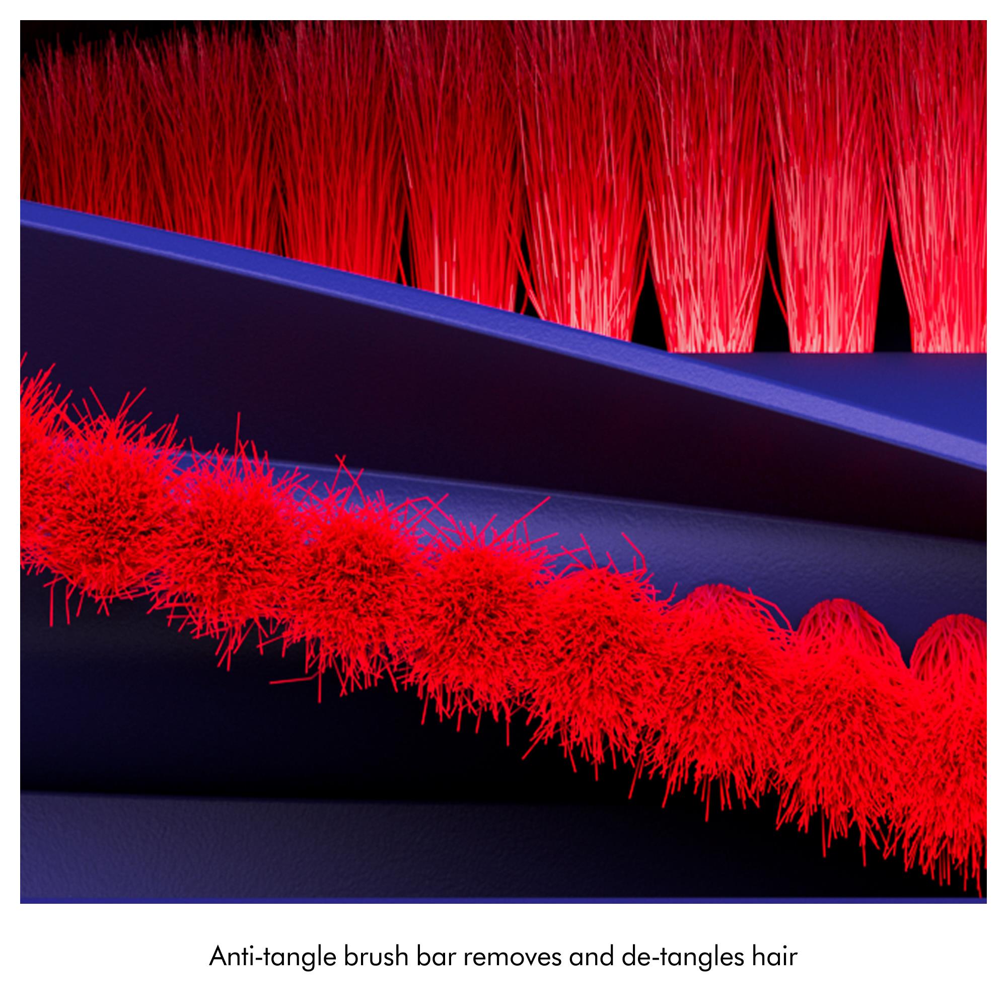 Close-up of anti-tangle brush bar with dense red bristles