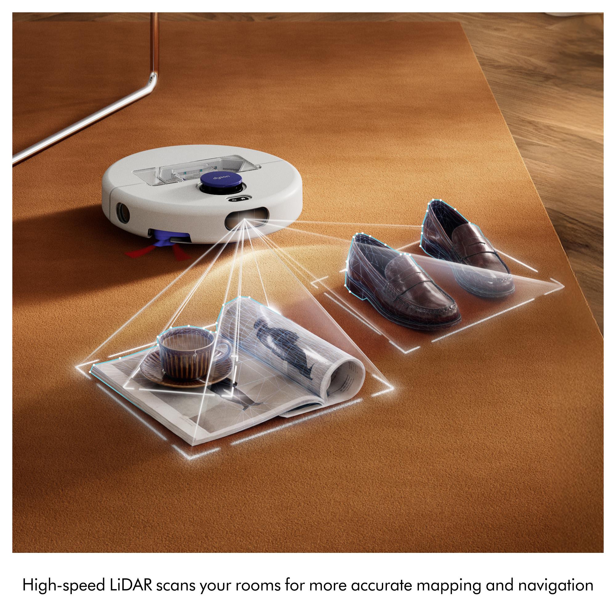 Robot vacuum projecting mapping scan lines with tools and shoes detected