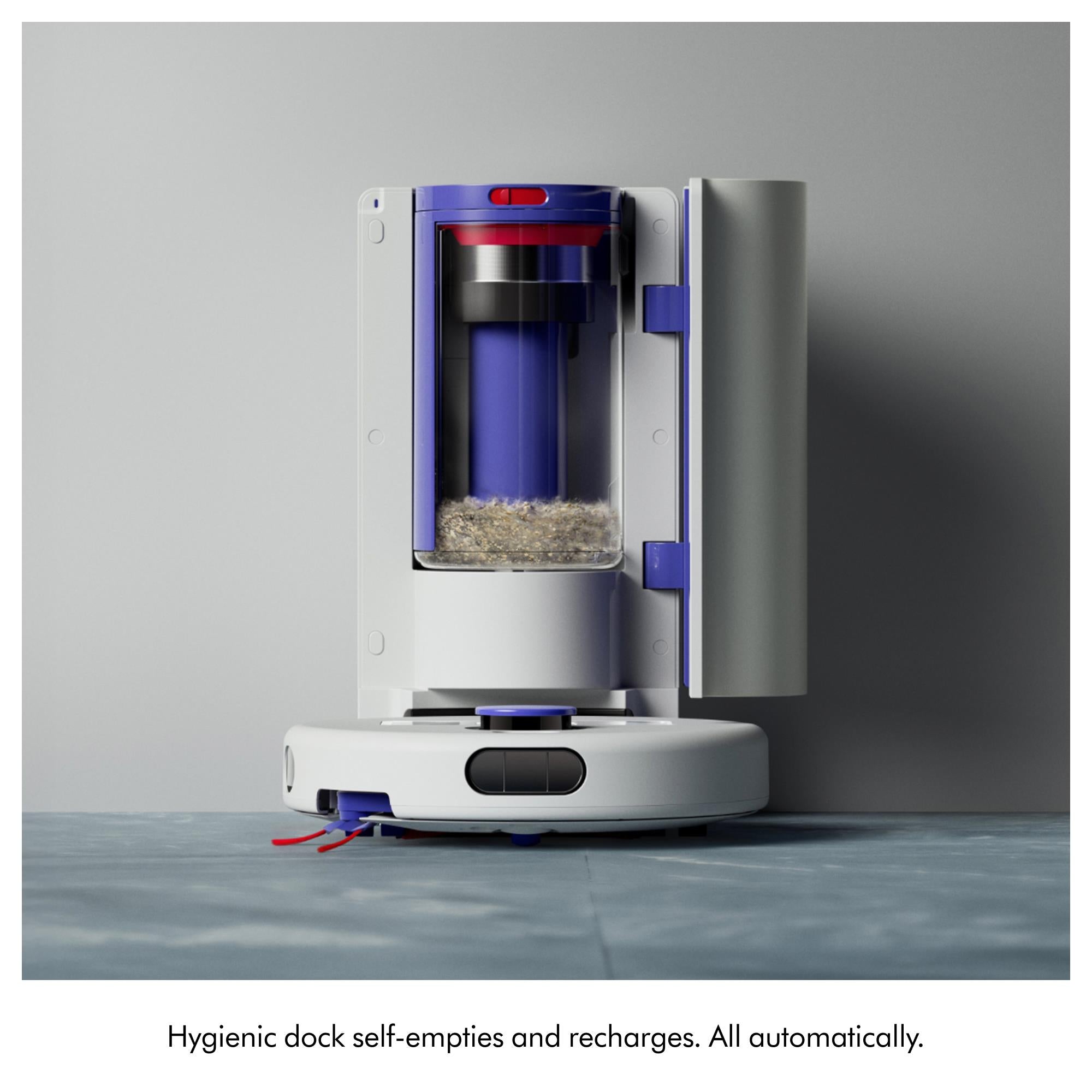 Robot vacuum dock with open canister showing filtration components and purple parts