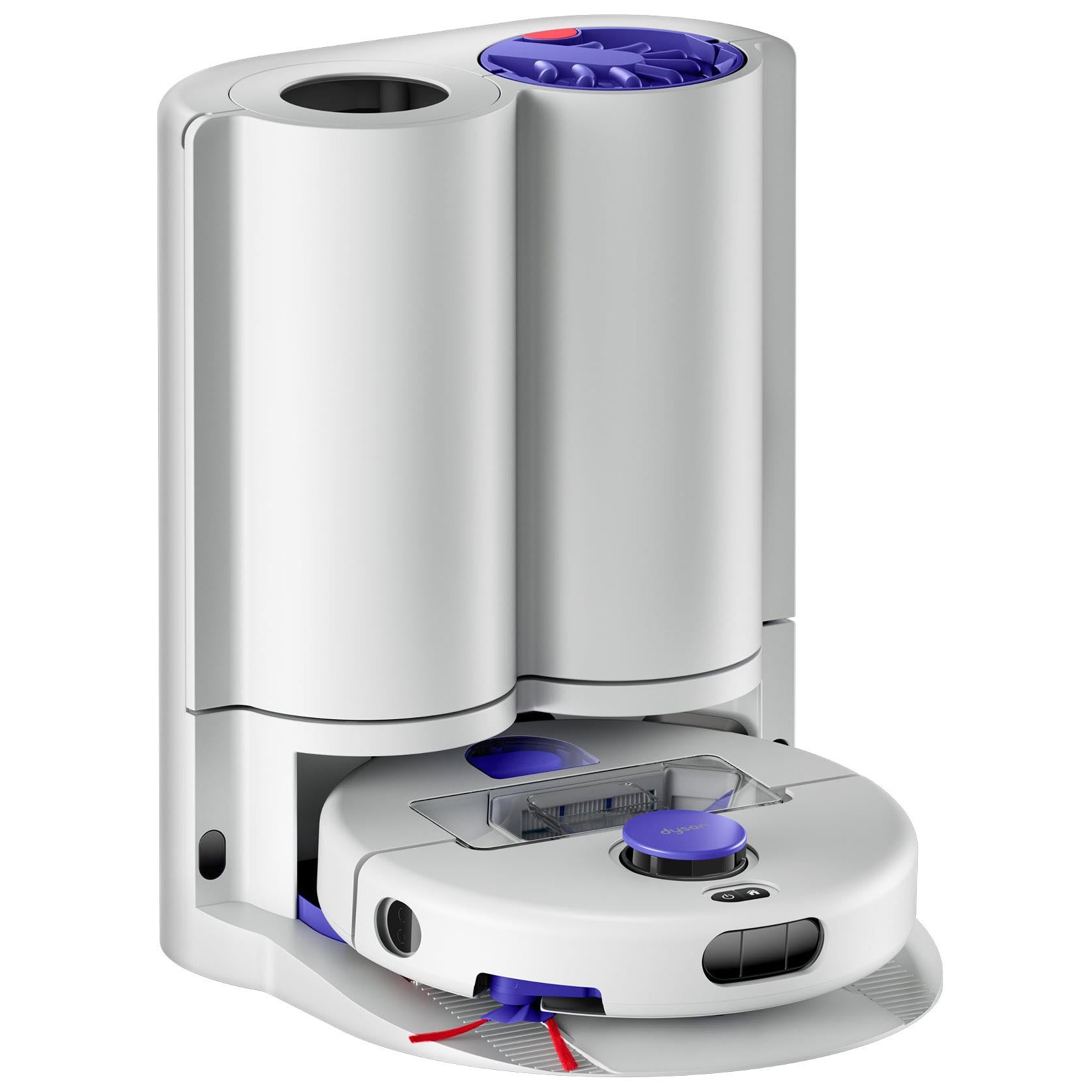 Self-cleaning robot vacuum mop dock with white base and purple top covers