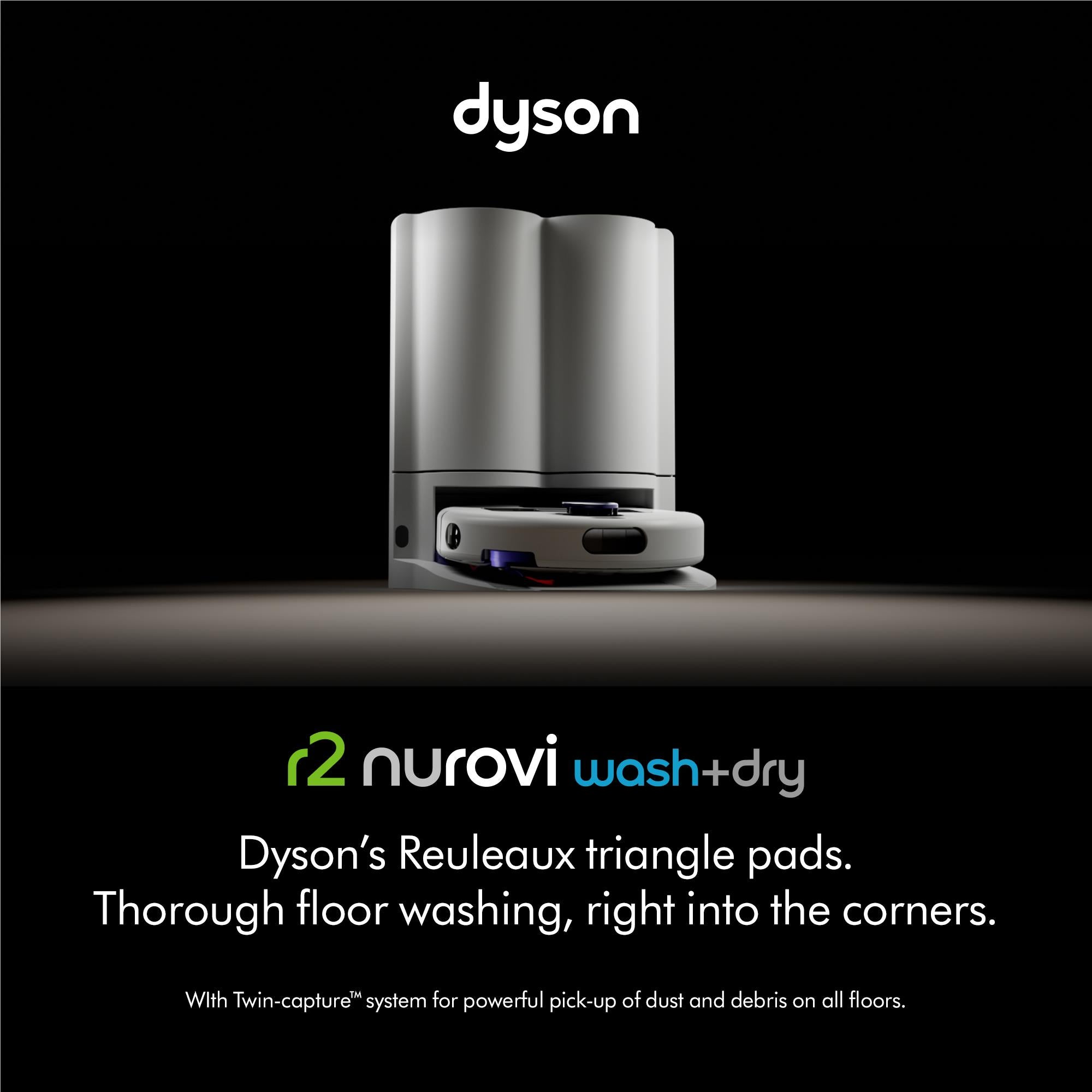 Dyson robot vacuum mop dock with gray canisters and purple accents