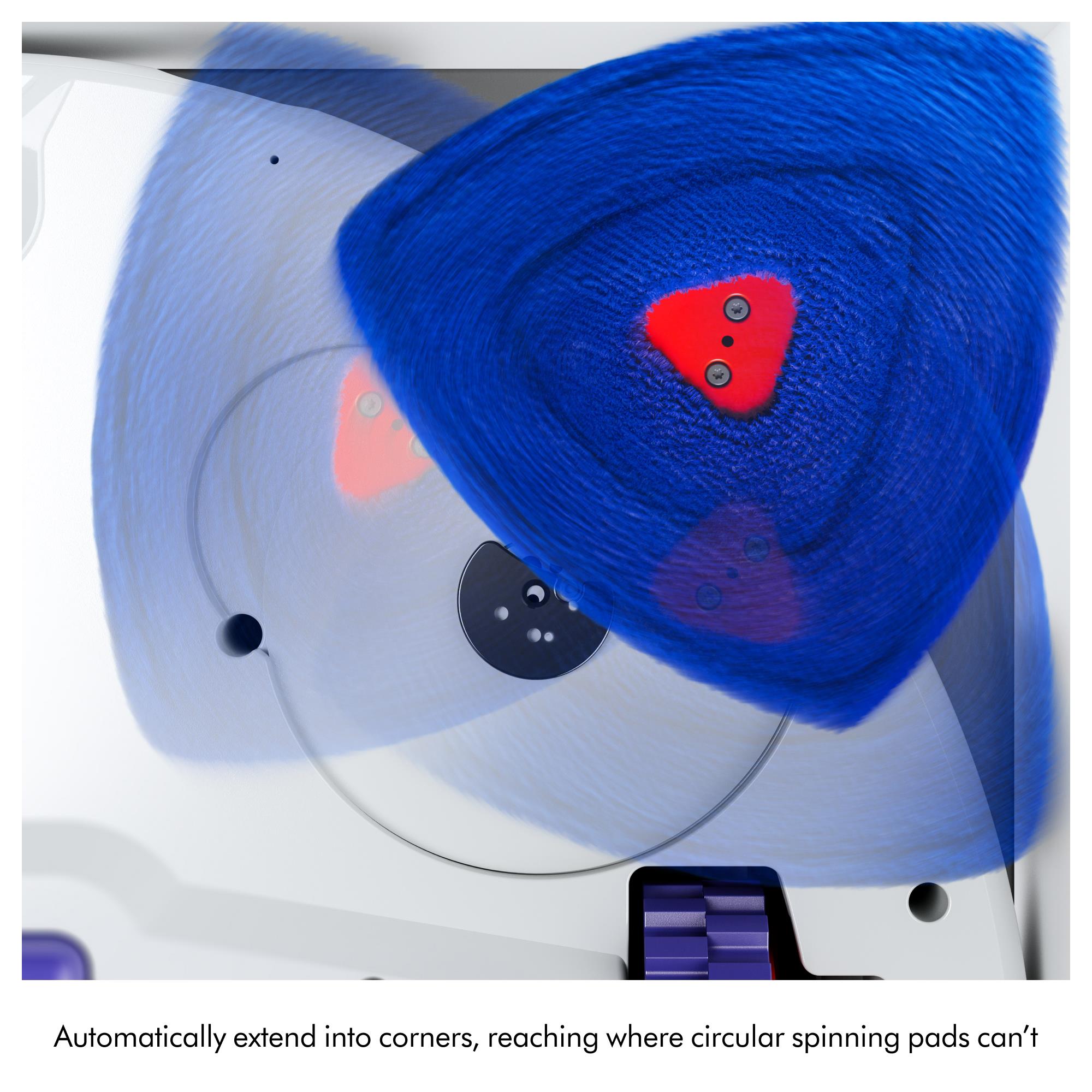 Robot vacuum mop with blue spinning cleaning pad and triangular scrubbing module