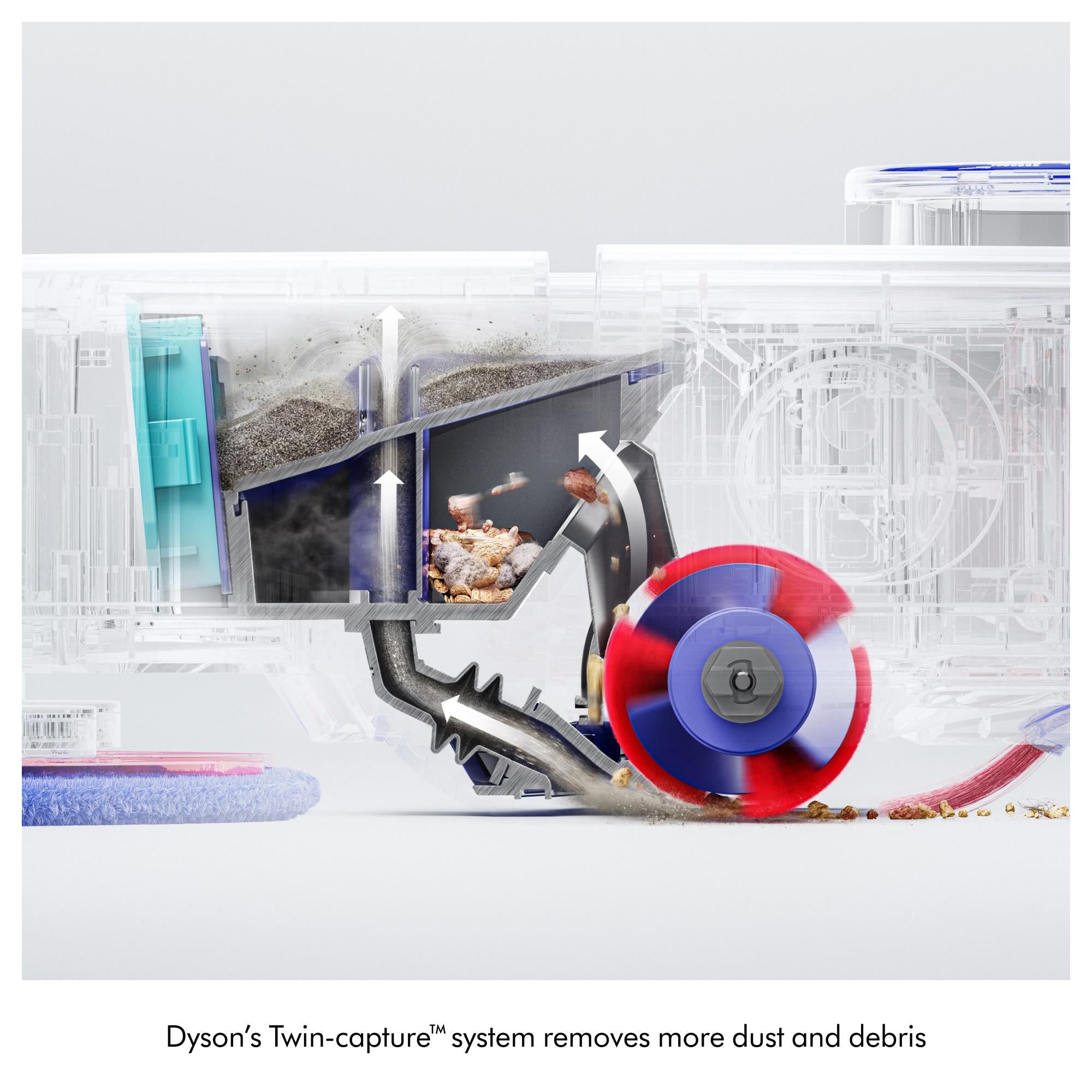 Robot vacuum mop dock cross-section with cyclonic dust bin and rotating brush
