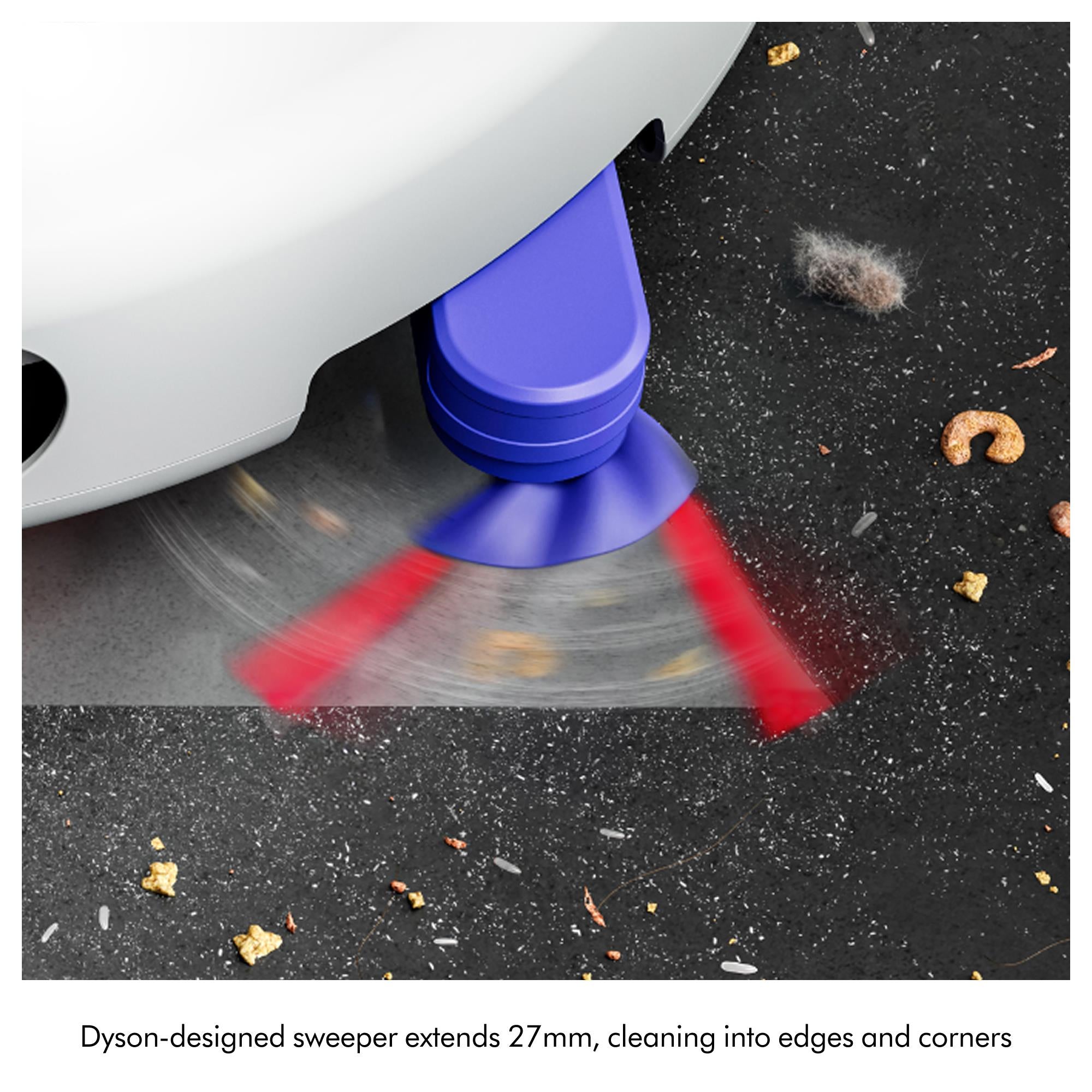 Robot vacuum mop with spinning purple sweep brush pushing debris