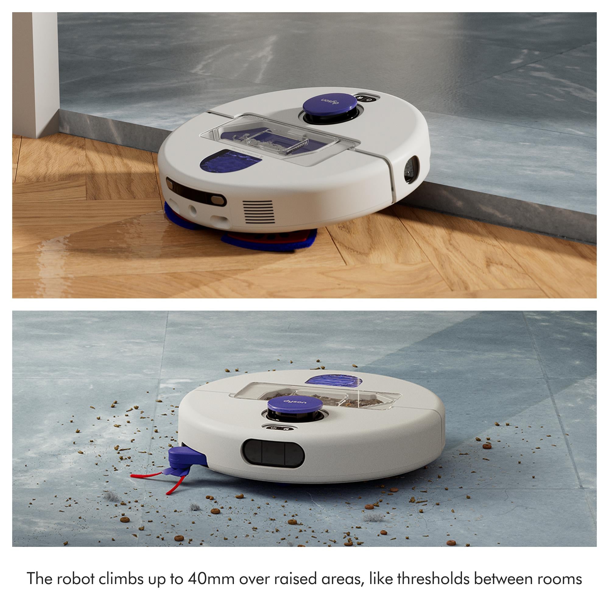 Robot vacuum mop climbing a raised threshold with purple cleaning pad