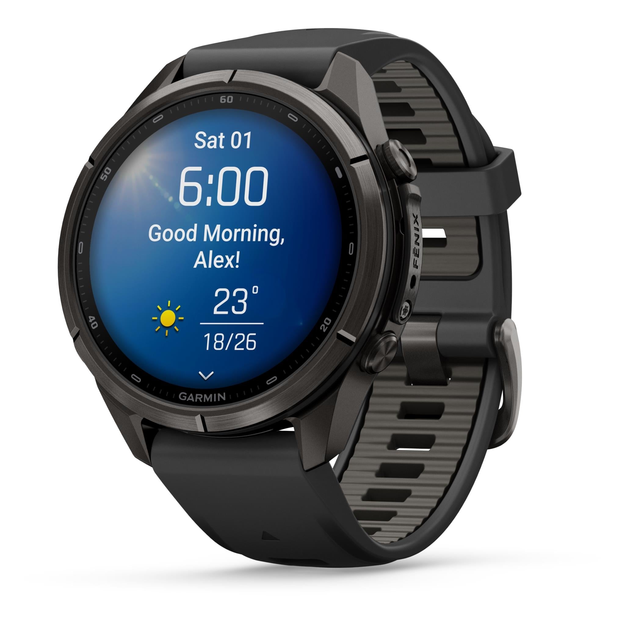 Garmin fenix 9 Pro 43mm GPS smartwatch in Carbon Grey DLC titanium with black and pebble grey band, image 4 - Smart Watches at Tech Supply Shed NZ