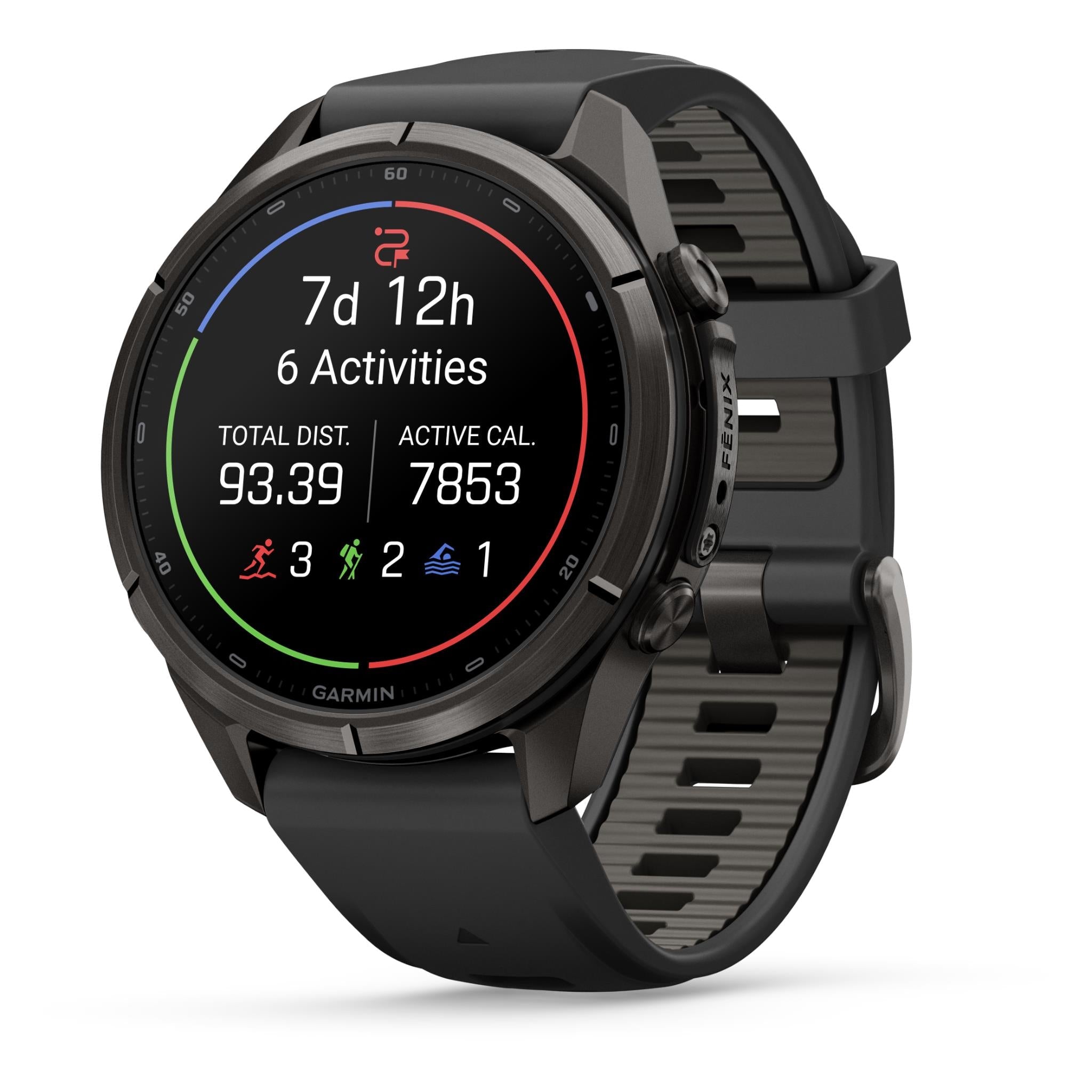 Garmin fenix 9 Pro 43mm GPS smartwatch in Carbon Grey DLC titanium with black and pebble grey band, image 6 - Smart Watches at Tech Supply Shed NZ