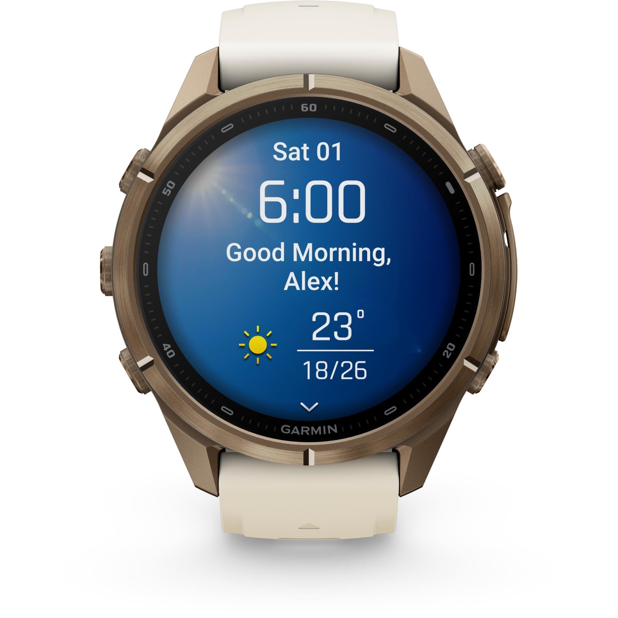 Garmin fenix 9 Pro 43mm smartwatch, Autumn Gold Titanium with Cream/French Grey Silicone band, image 5 - Smart Watches at Tech Supply Shed NZ