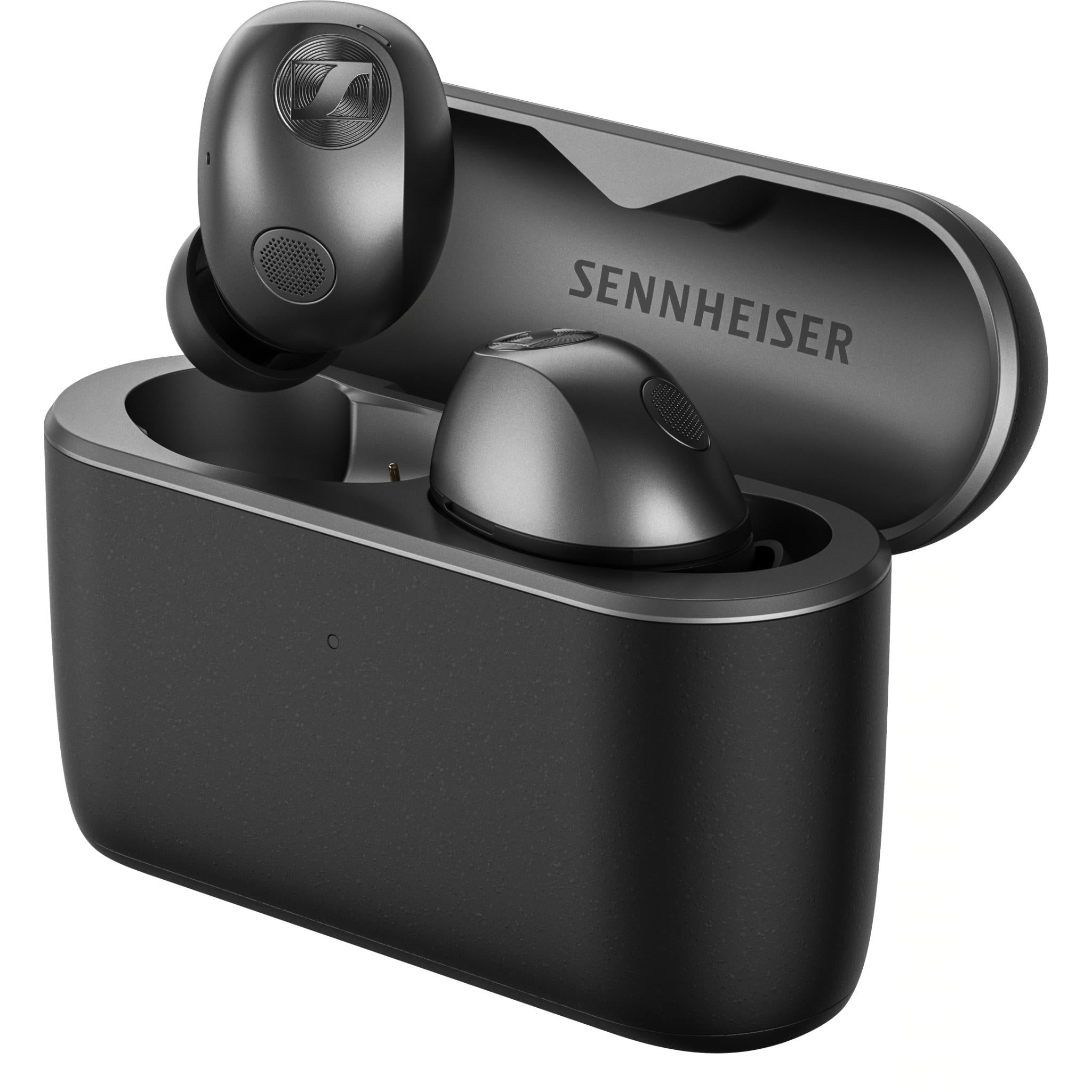 Graphite true wireless earbuds in open charging case with Sennheiser branding
