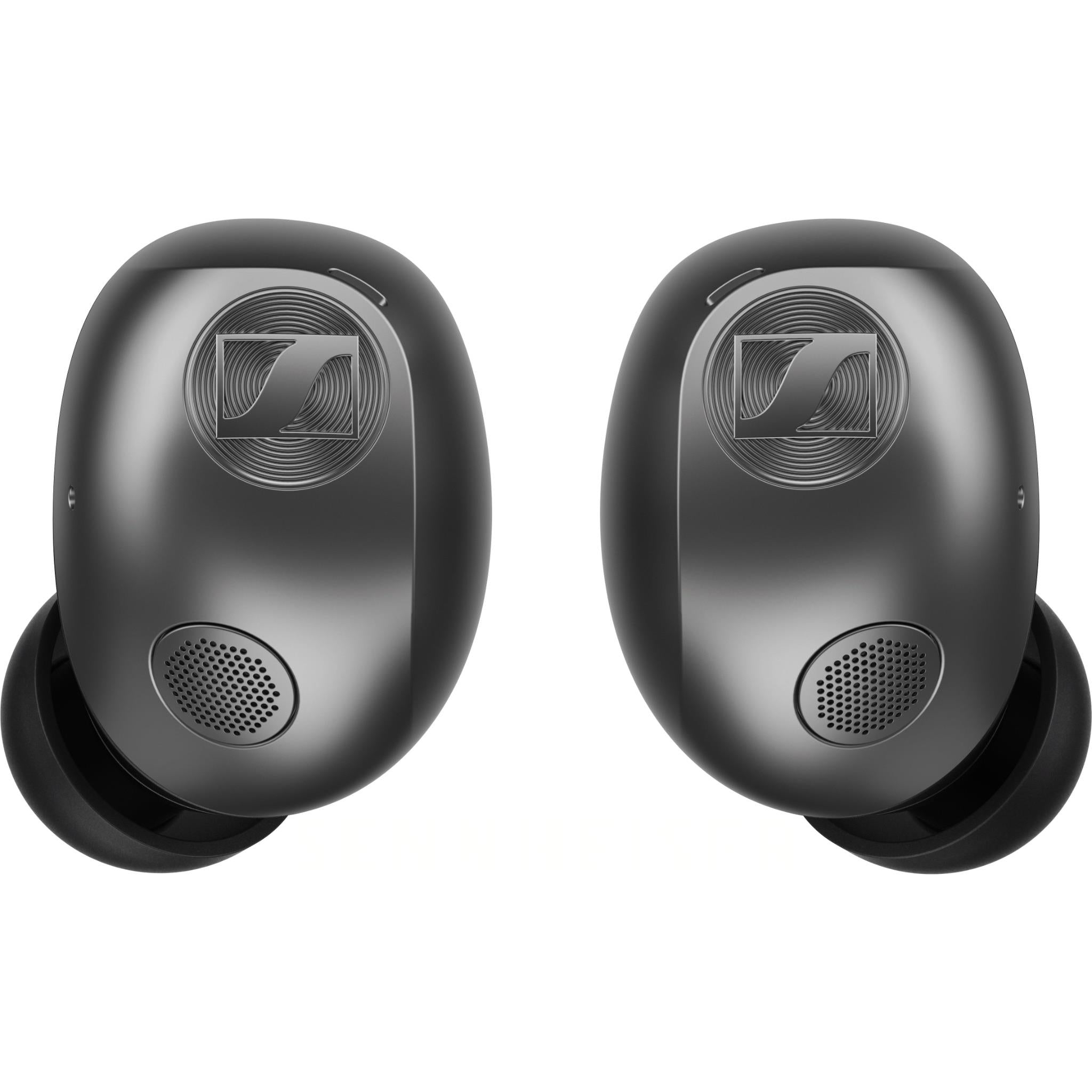 Graphite true wireless earbuds, front view with speaker grille and charging contacts