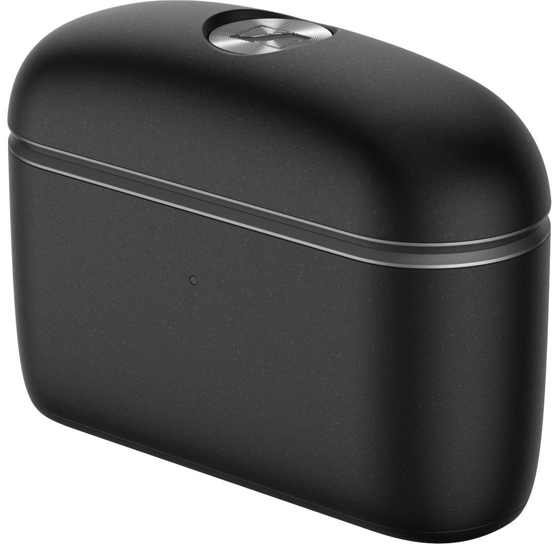 Graphite charging case for true wireless earbuds, side view close-up