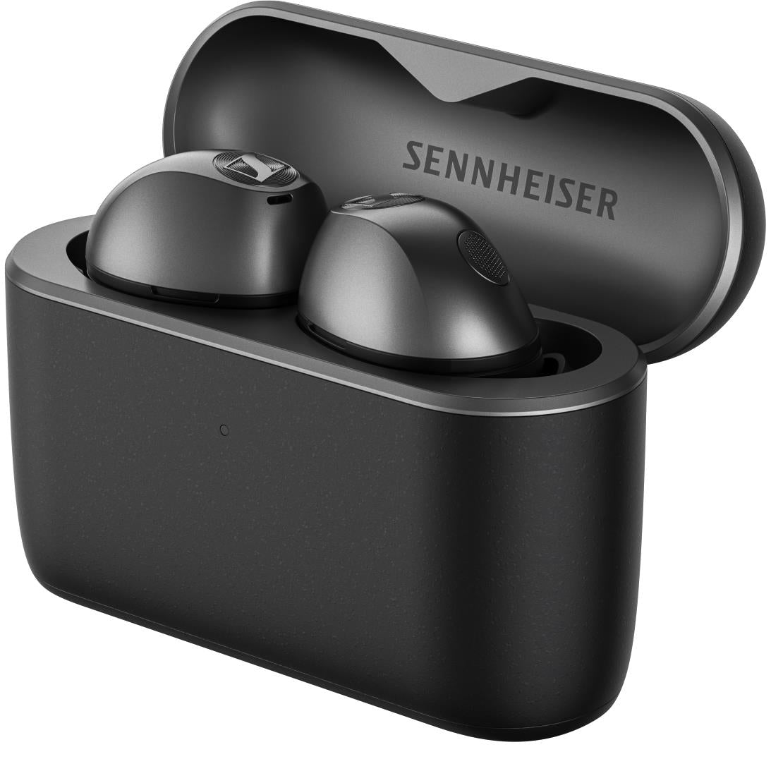 Graphite true wireless earbuds inside open charging case, front close-up