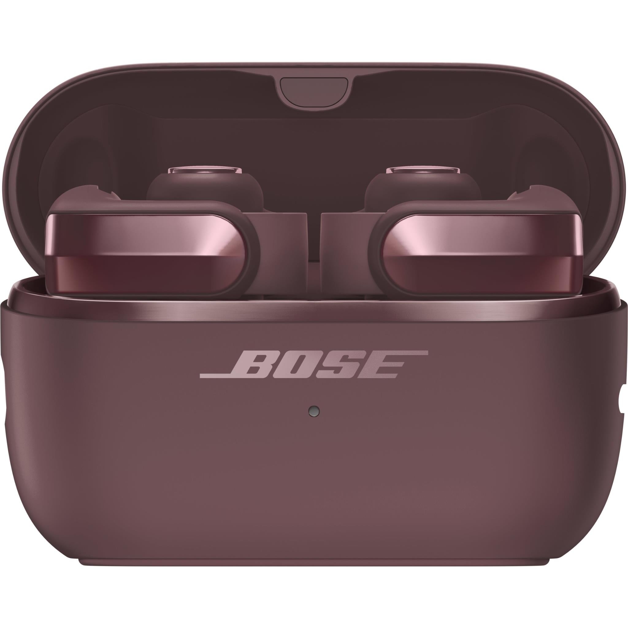 Bose Ultra open-ear earbuds charging case in cherry chocolate with Bose logo