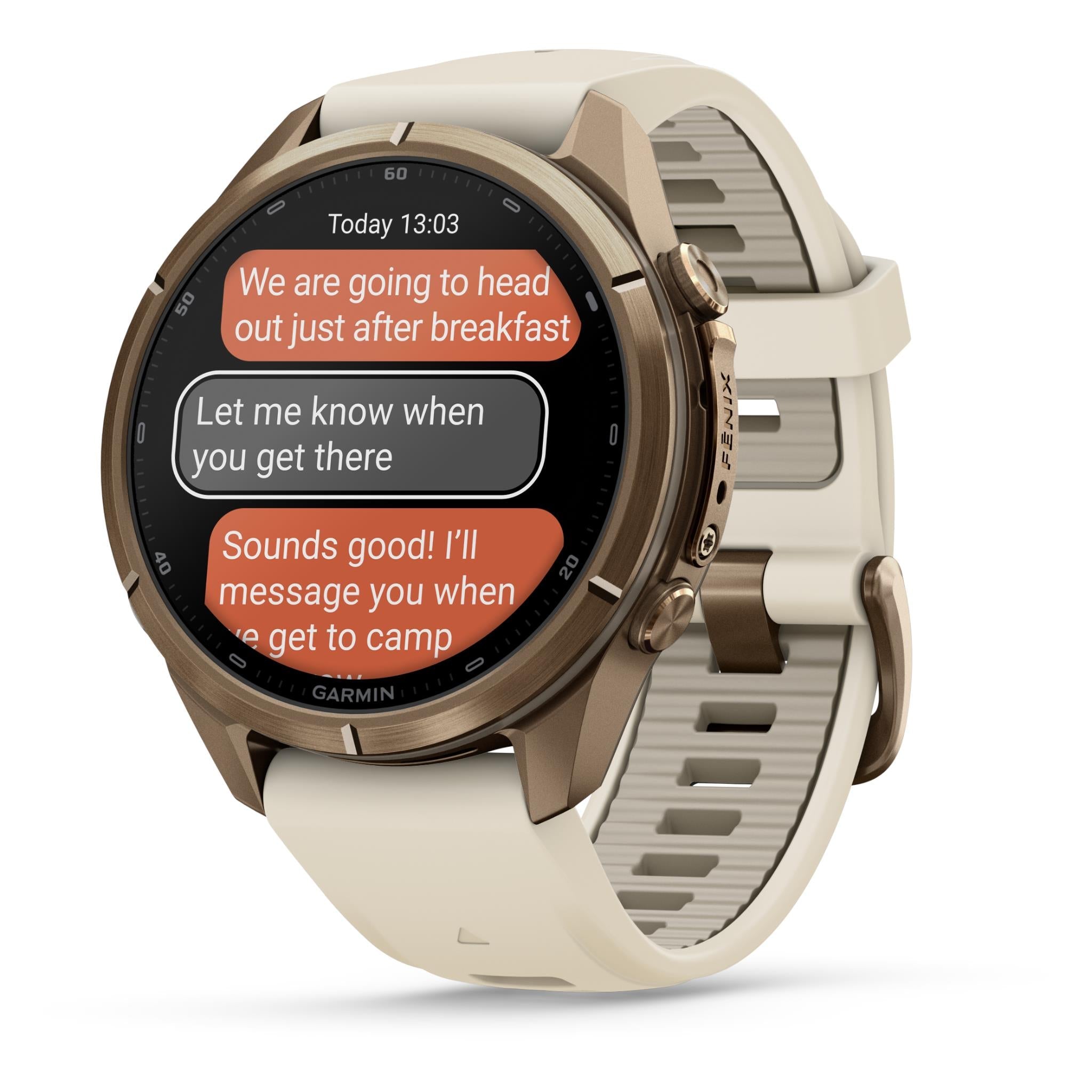 Garmin fenix 9 Pro 43mm with inReach smartwatch, Autumn Gold Titanium with Cream/French Grey Silicone band, image 3 - Smart Watches at Tech Supply Shed NZ