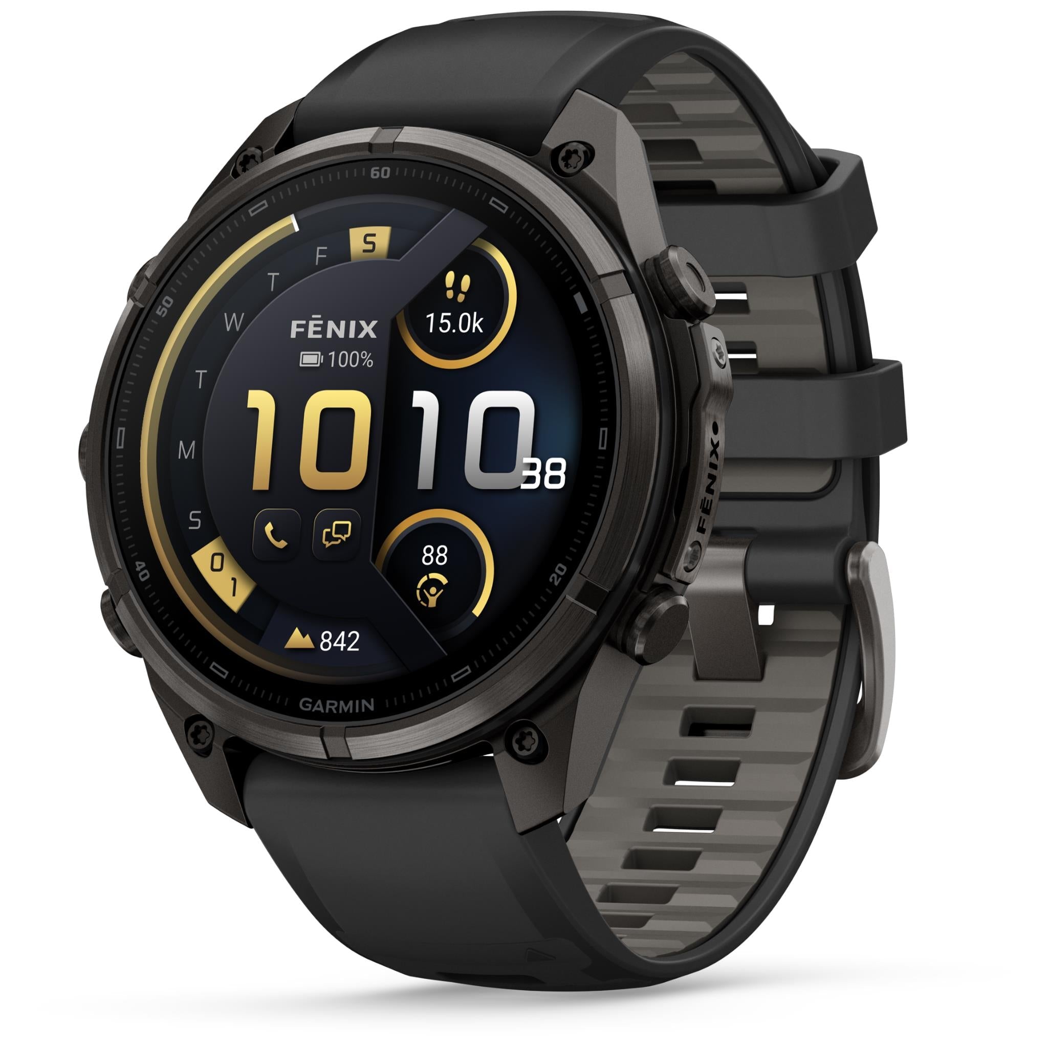 Garmin GPS smartwatch with round dark case display and black silicone strap