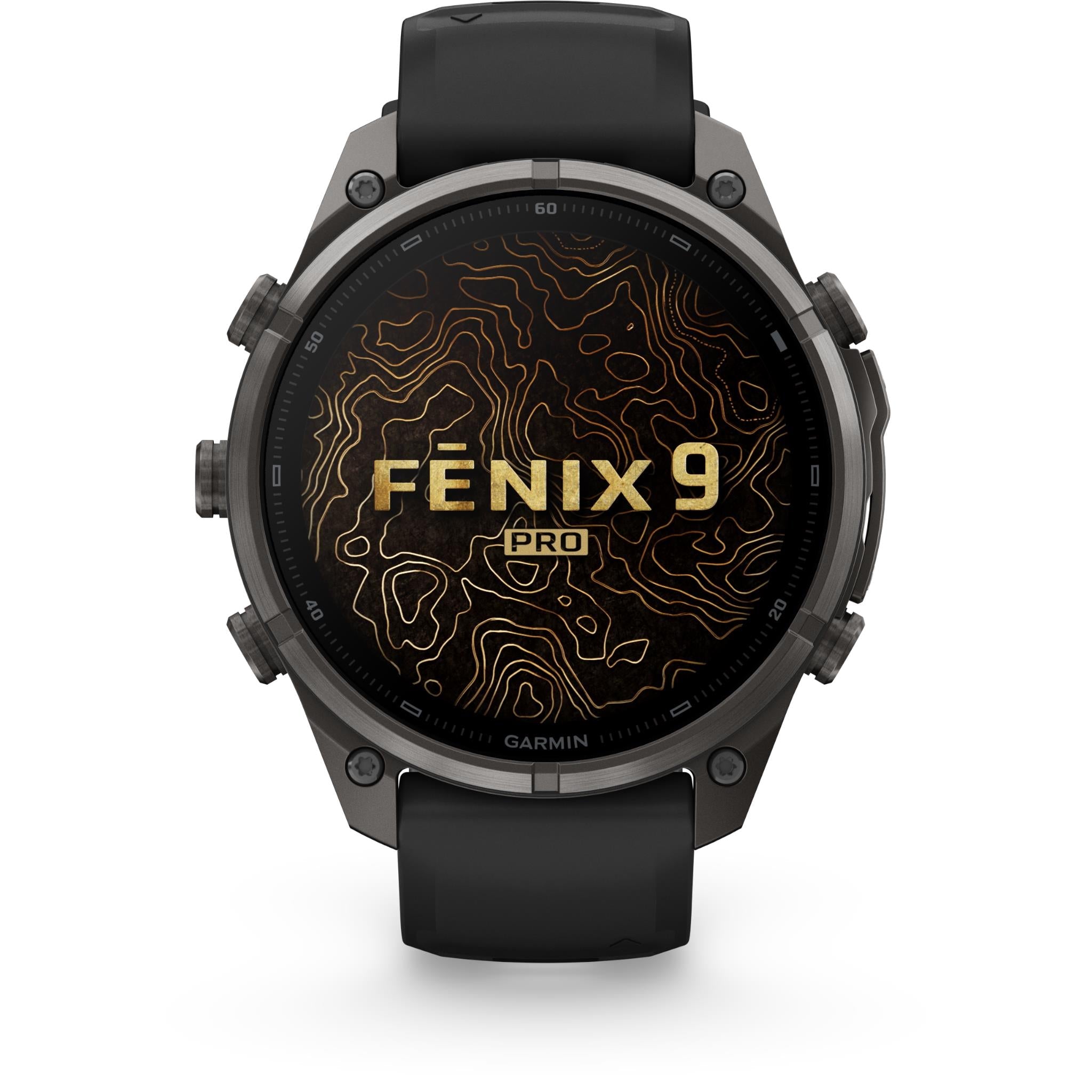Garmin GPS smartwatch with round display showing topographic map design