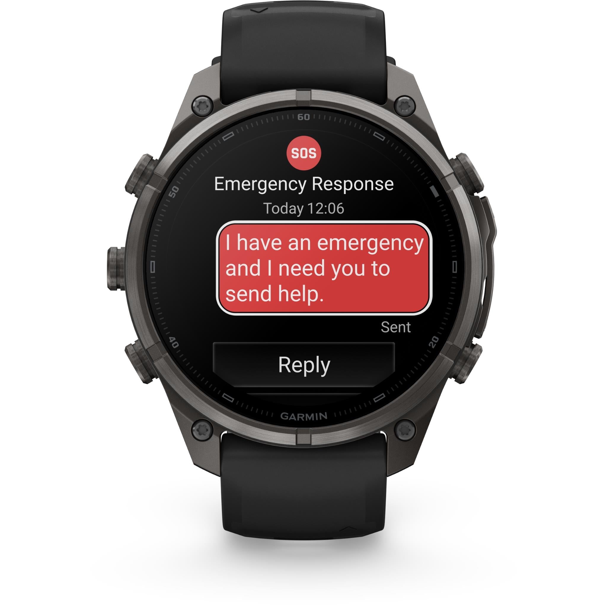 Garmin GPS smartwatch with SOS emergency response screen on round display