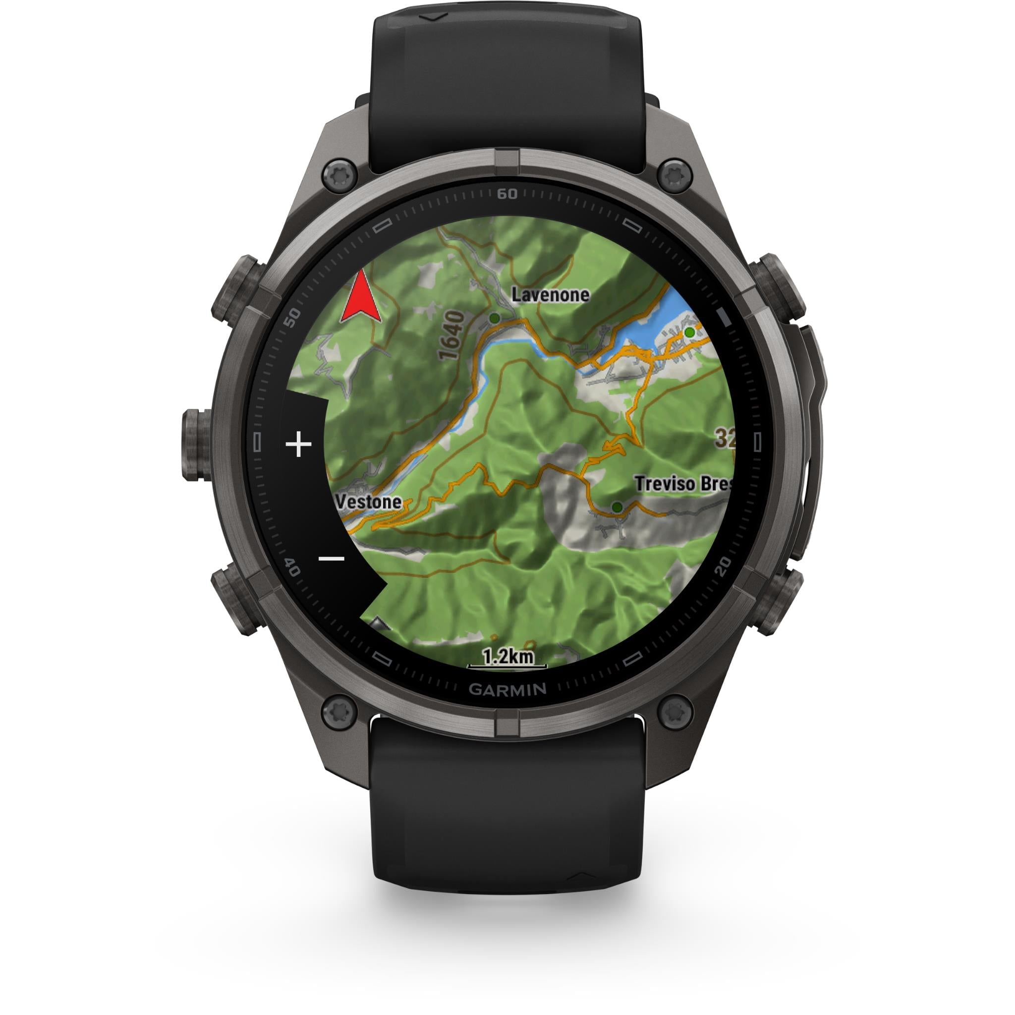 Garmin GPS smartwatch with map navigation screen on round display