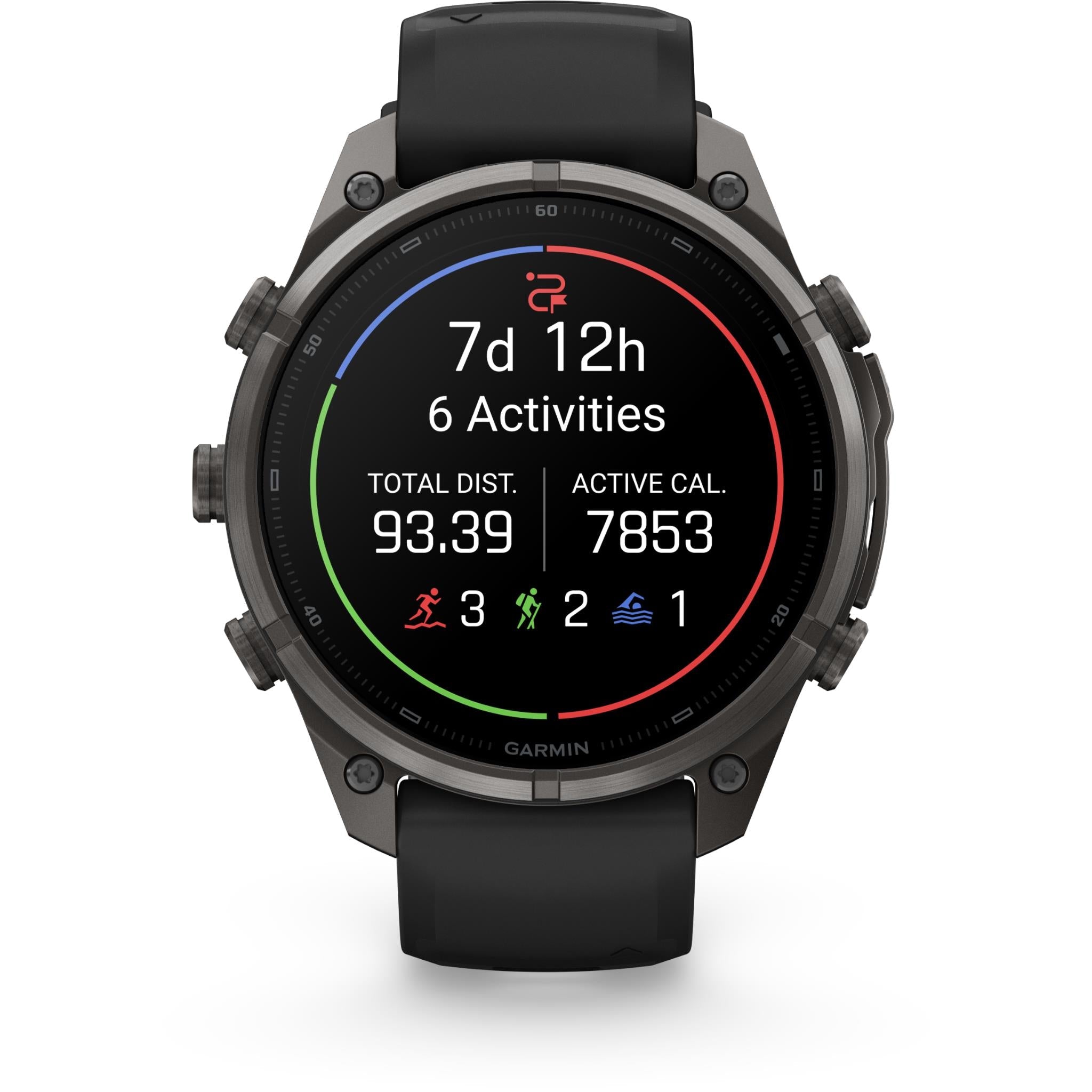 Garmin GPS smartwatch showing activity stats on round display