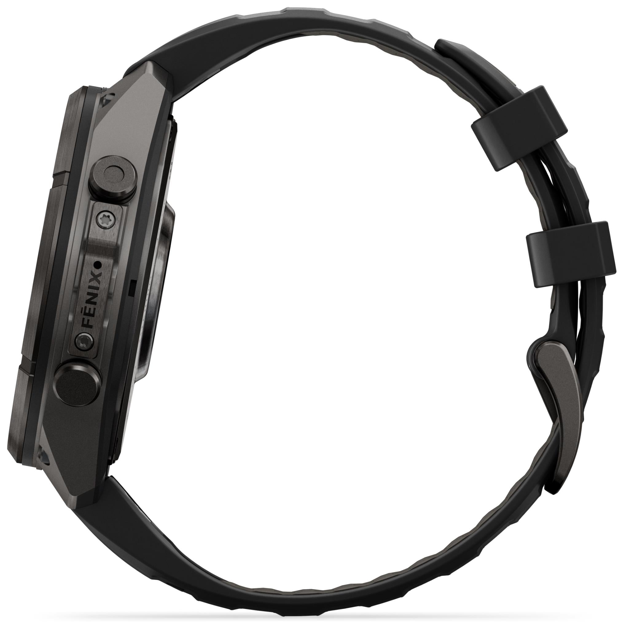 Side view of Garmin GPS smartwatch with dark case and black strap