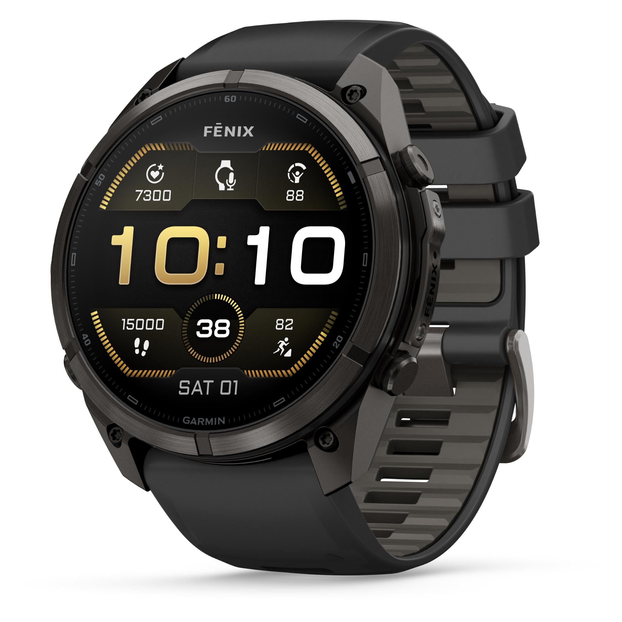 GPS smartwatch with carbon grey case and black silicone band, front display at 10:10