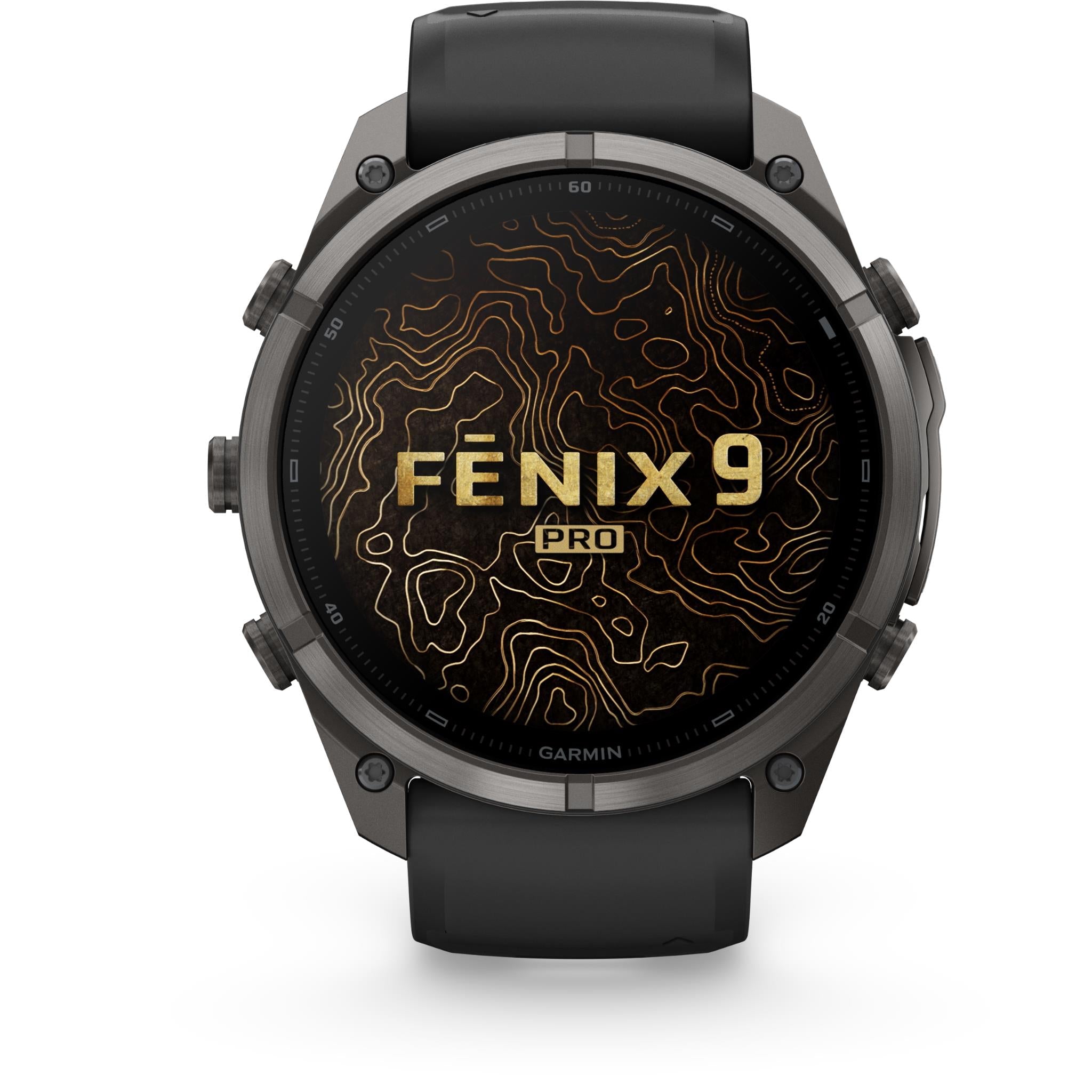 GPS smartwatch with carbon grey case, black dial showing FENIX 9 PRO topographic lines