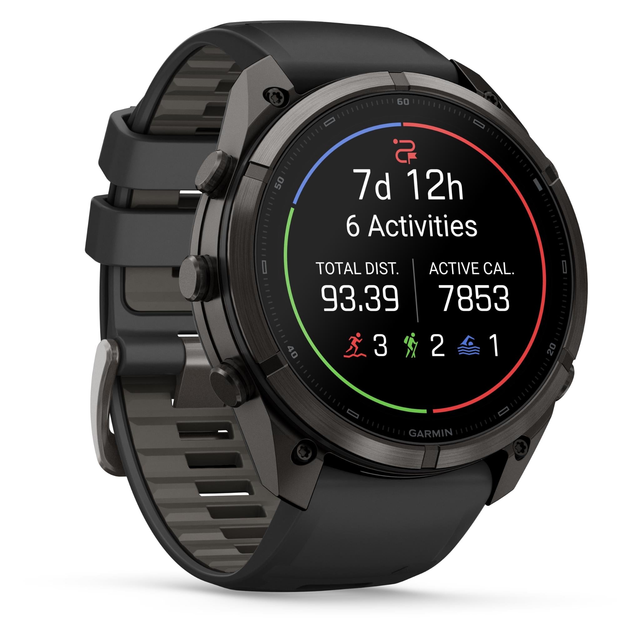 GPS smartwatch on black strap showing activity stats with colored circular metrics