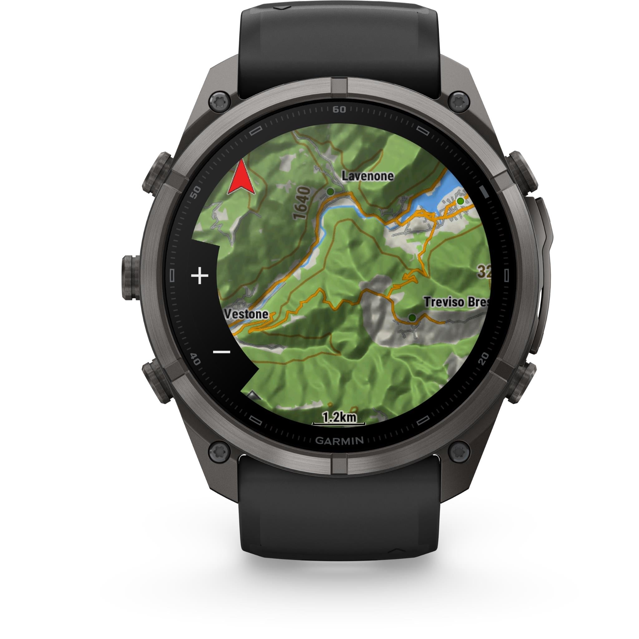 GPS smartwatch on black strap displaying a route map on the screen