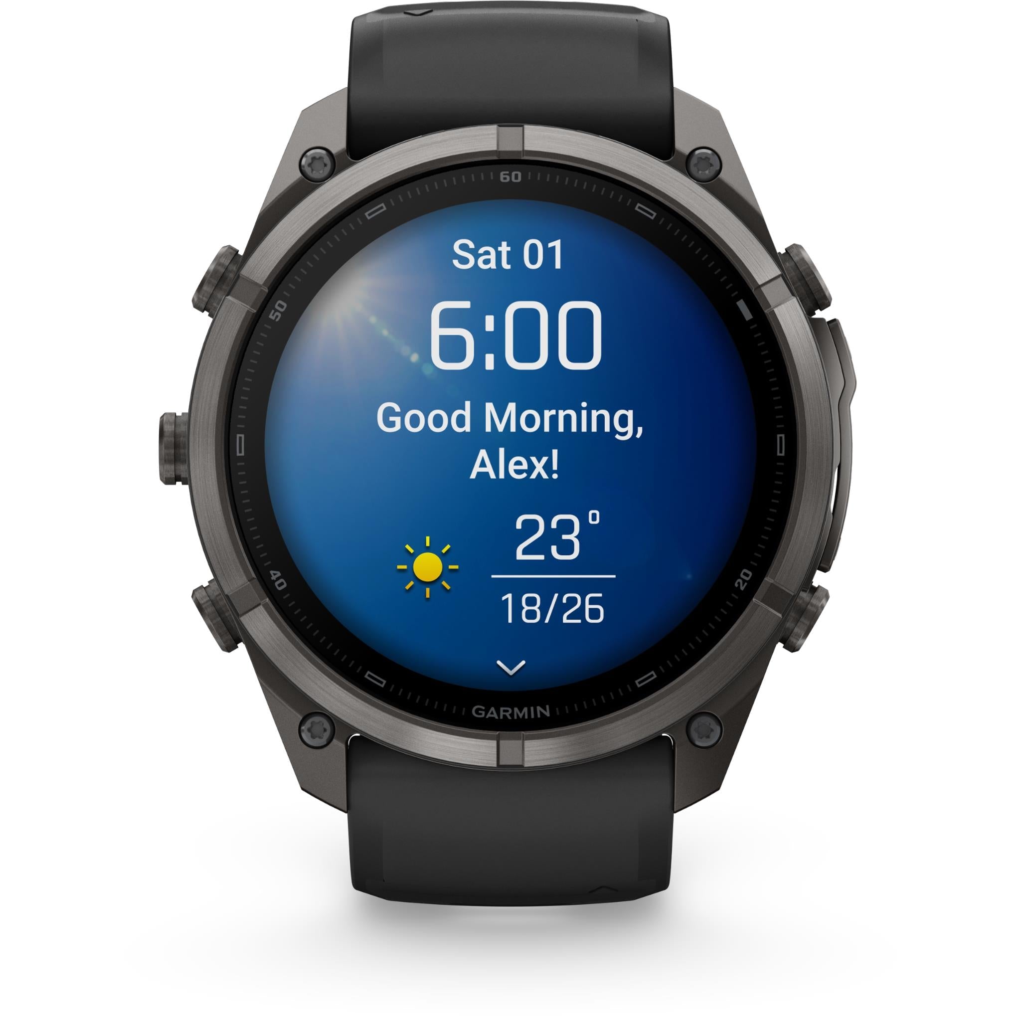 GPS smartwatch on black strap showing blue clock screen and weather details