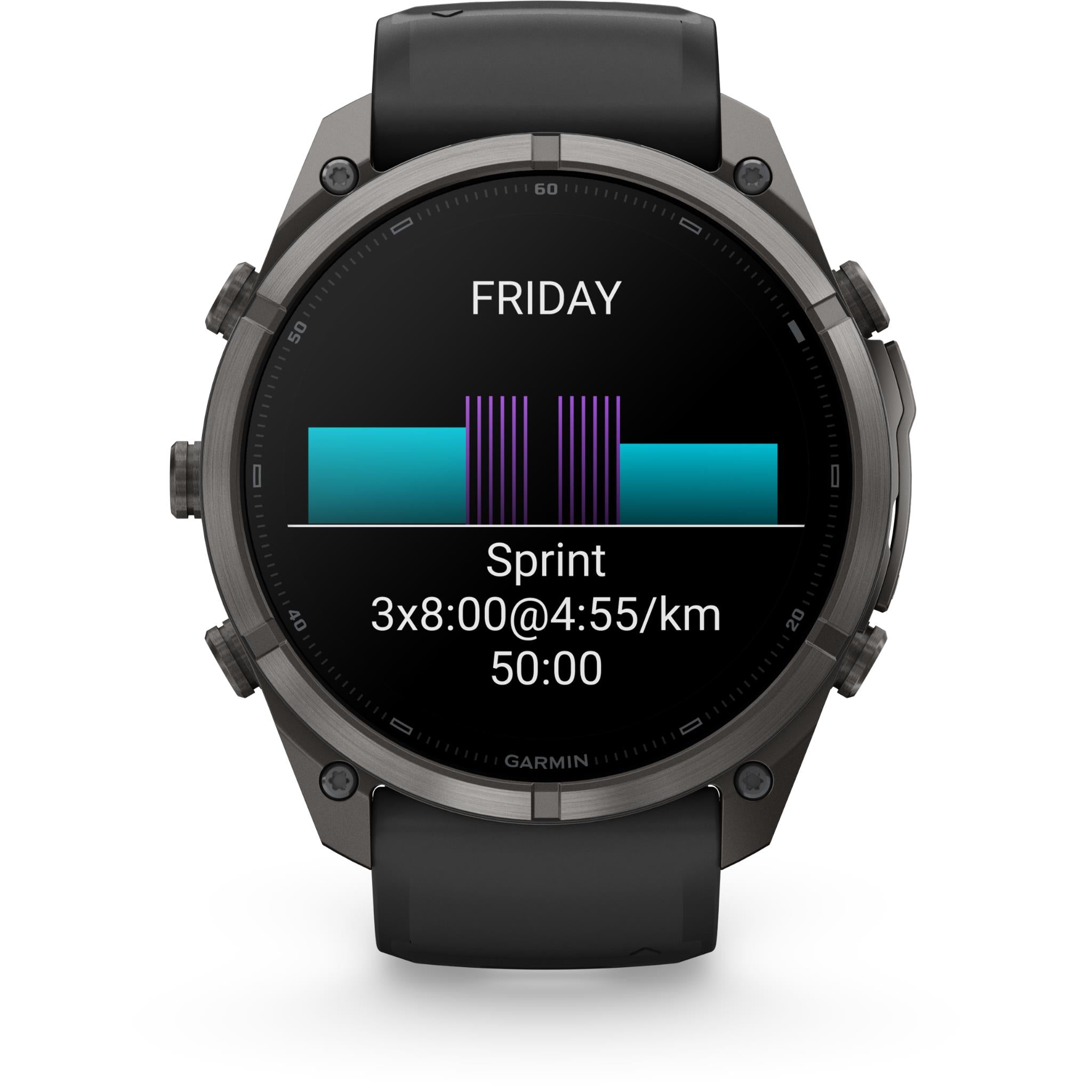 GPS smartwatch on black strap showing FRIDAY workout graph and sprint pace