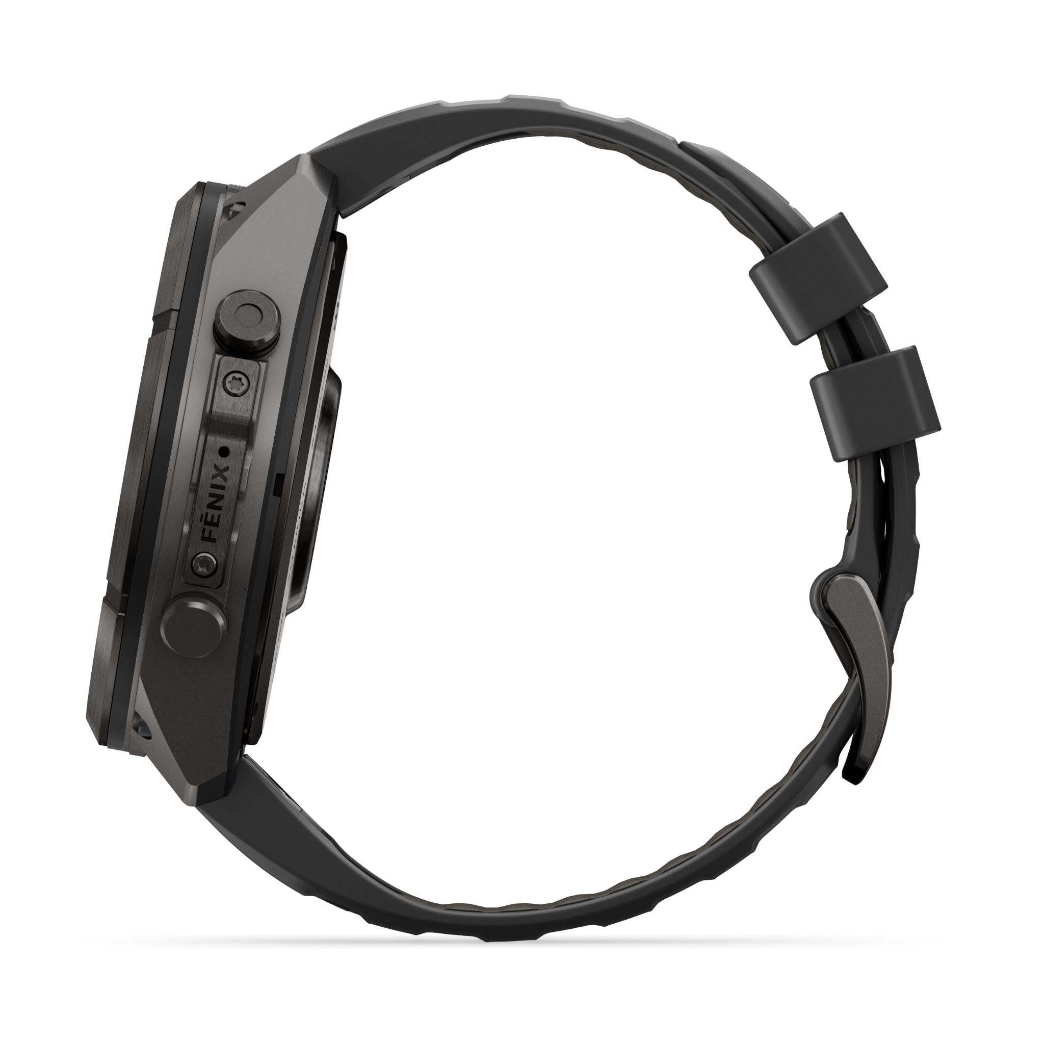 Carbon grey GPS smartwatch side profile with black silicone band and strap links