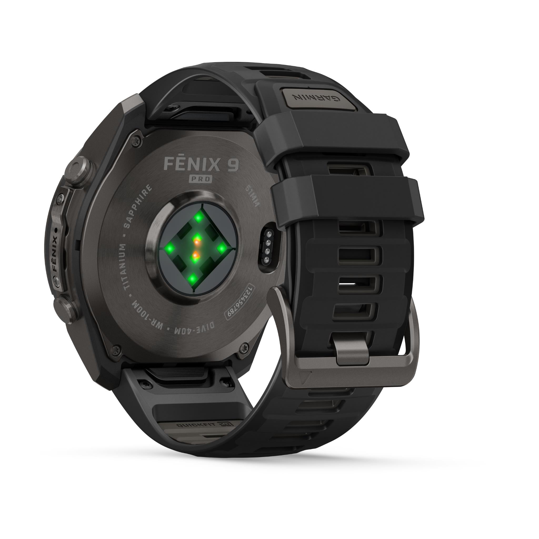 GPS smartwatch angled side view with green sensor-style graphic on the screen