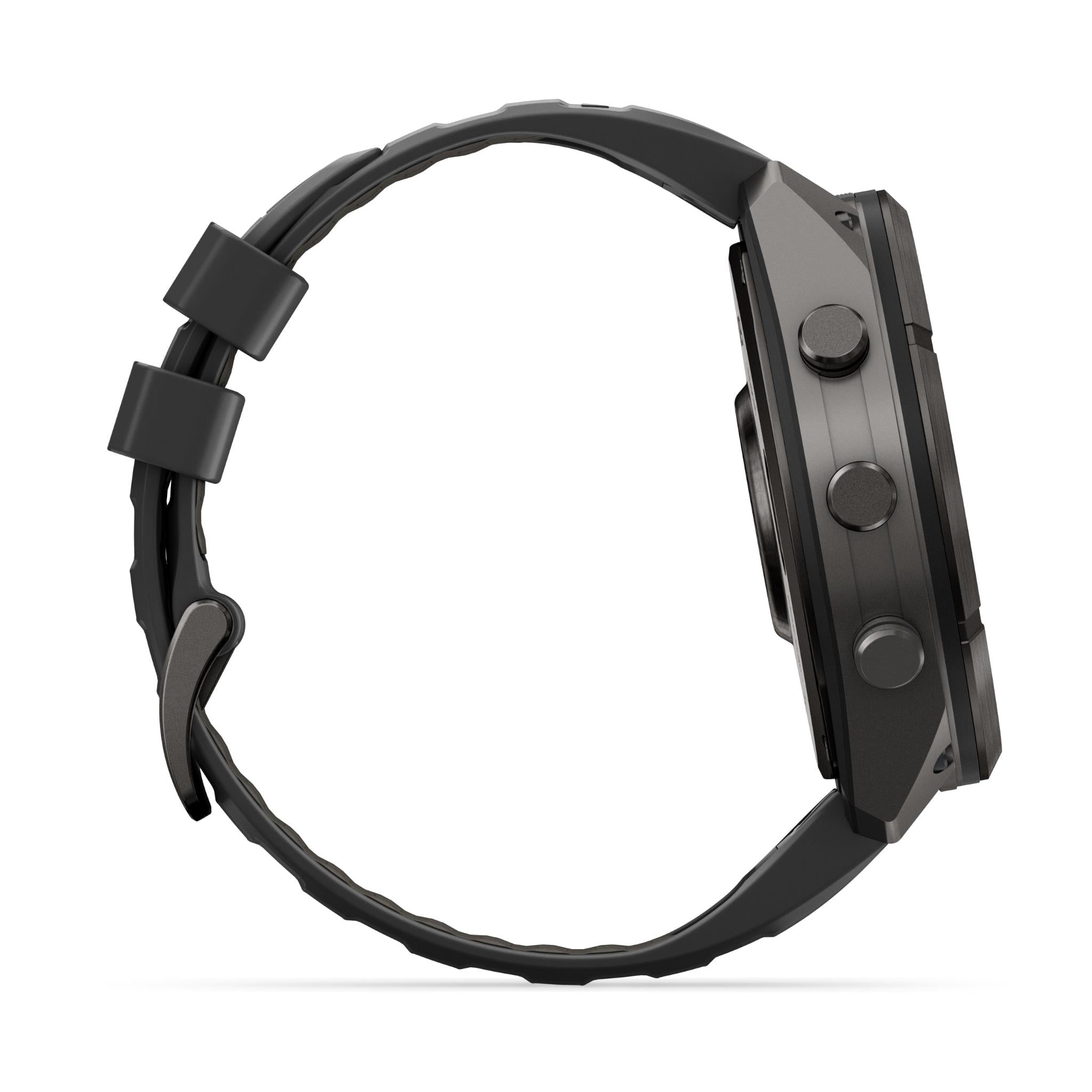 GPS smartwatch back view with carbon grey case and black silicone strap links