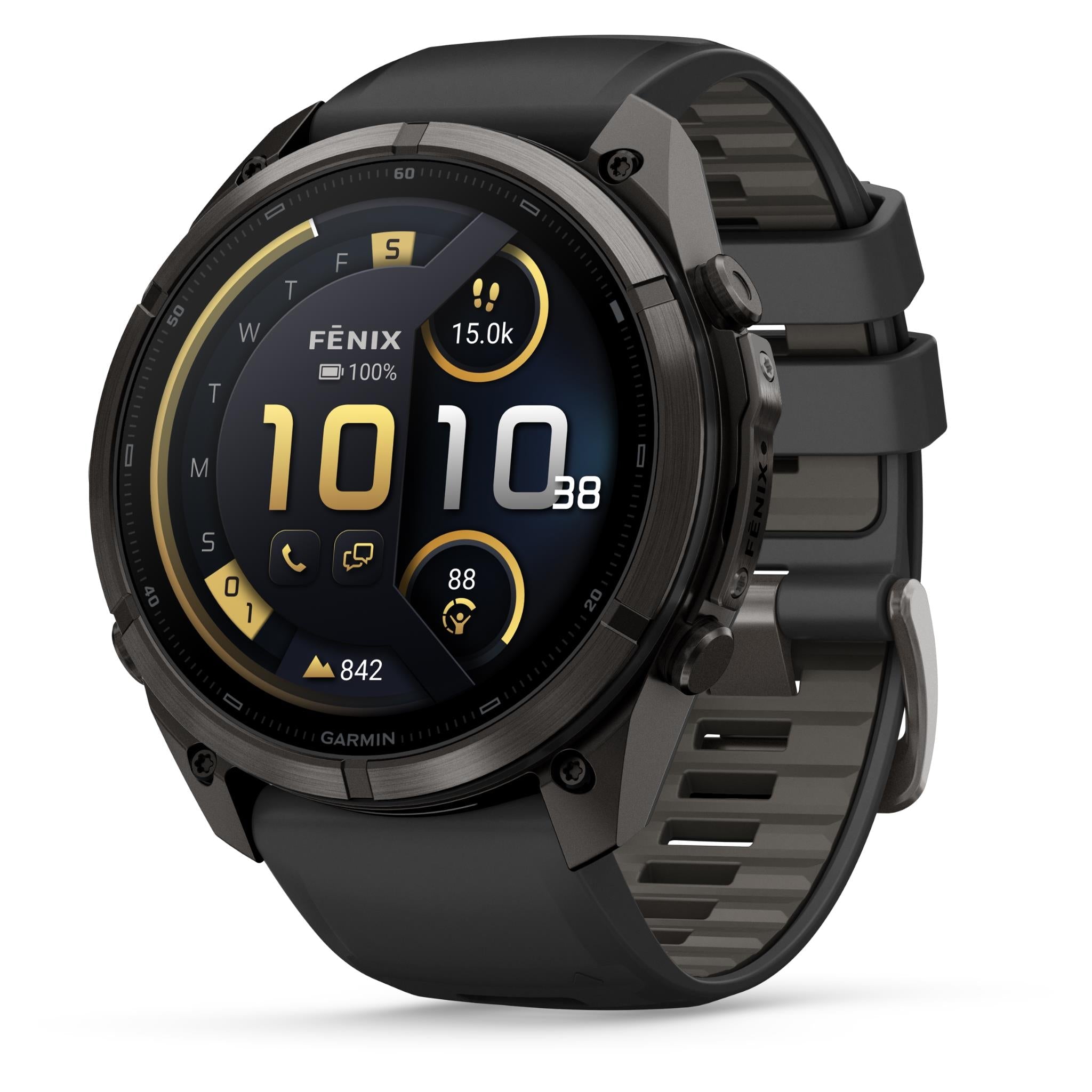Garmin GPS watch with black silicone strap, round face showing time and activity stats